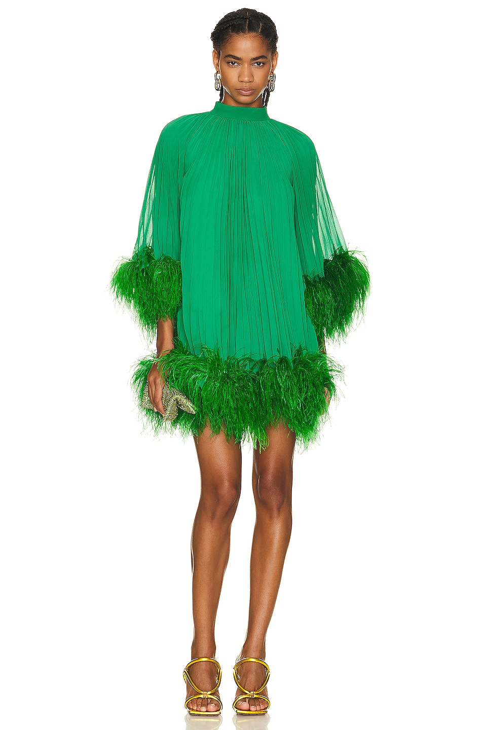 Image 1 of PatBO Pleated Feather Trim Mini Dress in Emerald