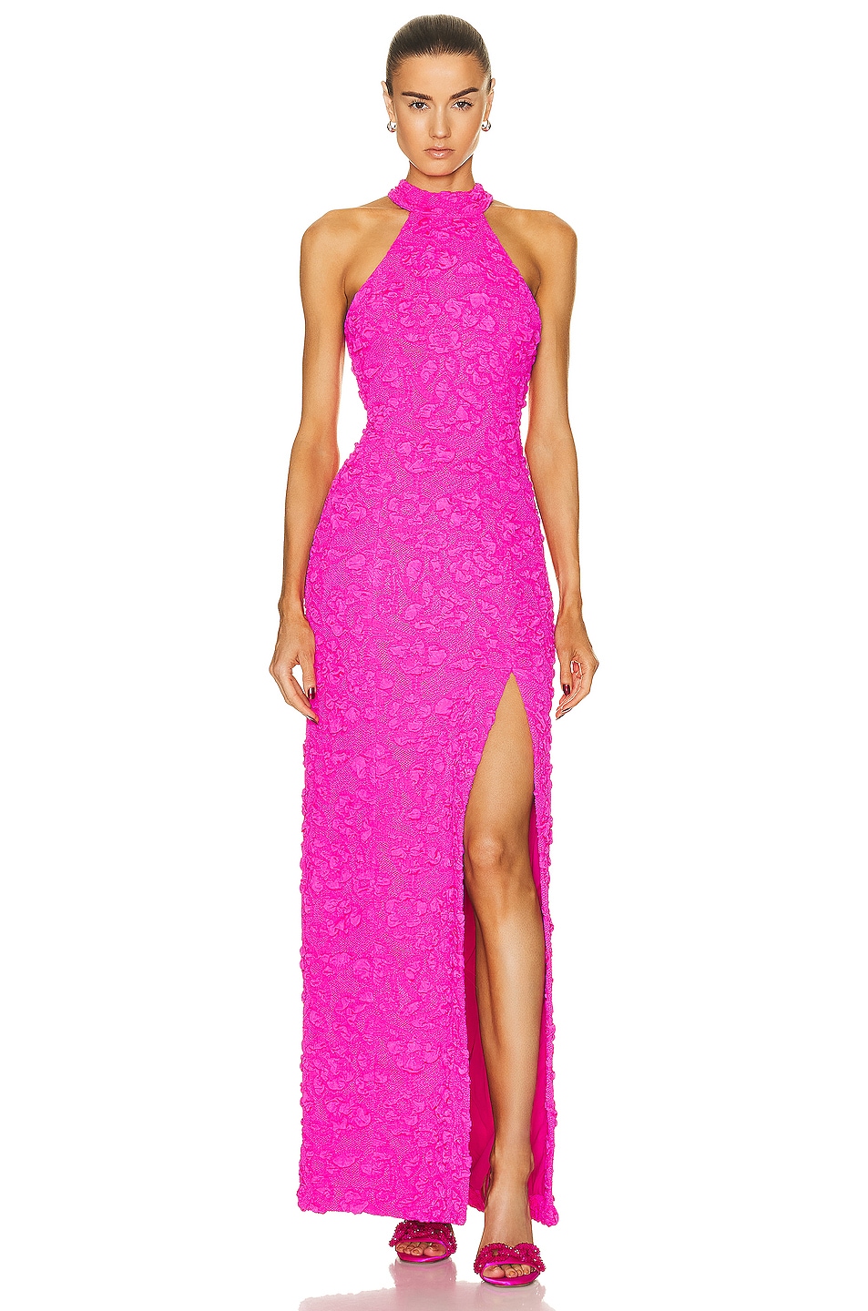 Image 1 of PatBO Stretch Jacquard High Neck Maxi Dress in Neon Pink