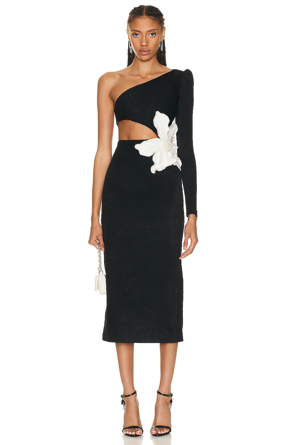 Image 1 of PatBO One Shoulder Maxi Dress with Flower Applique in Black