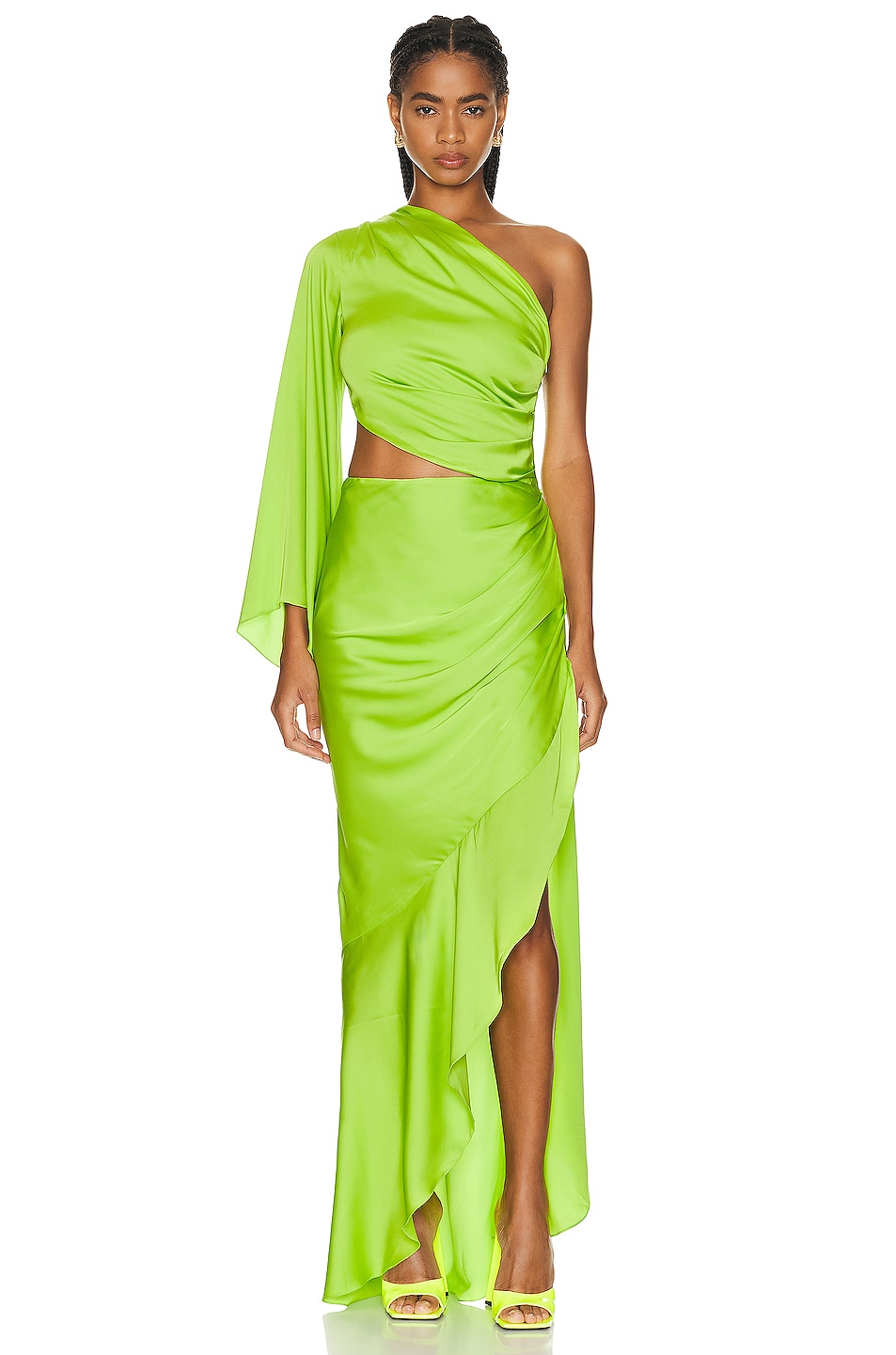 Image 1 of PatBO One Shoulder Draped Maxi Dress in Lime