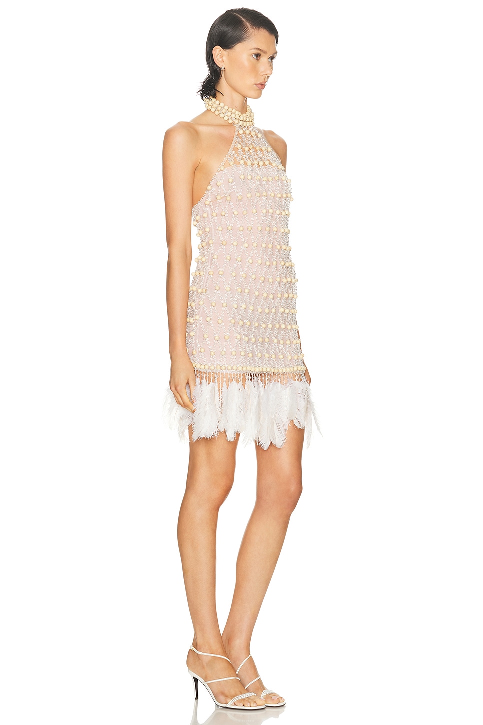 Patbo Wood And Crystal Beaded High Neck Mini Dress In Neutral