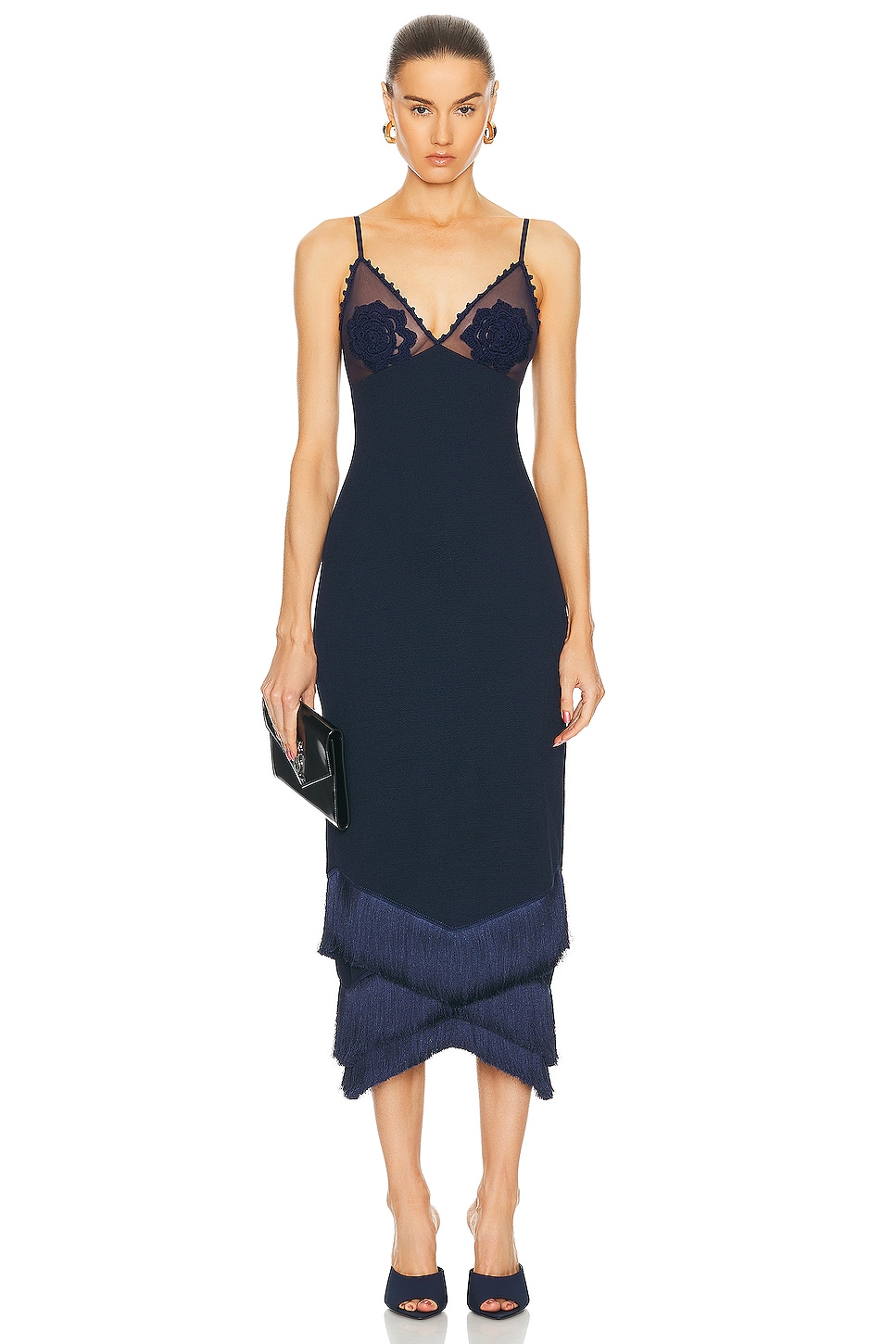 Image 1 of PatBO Embroidered Crochet Midi Dress in French Navy