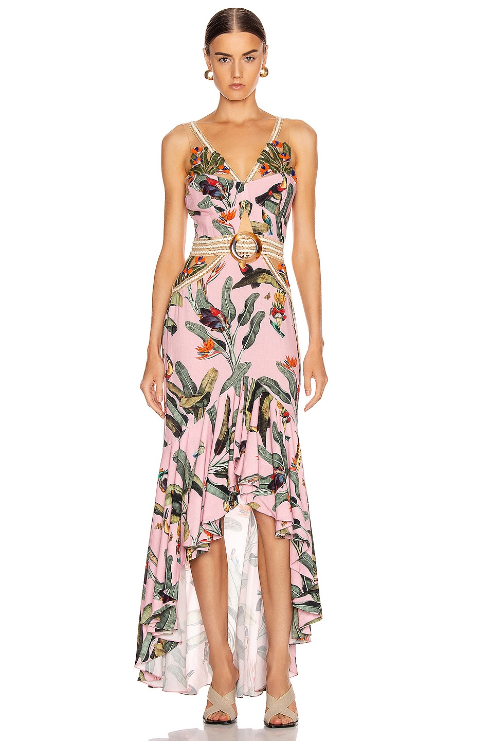 Image 1 of PatBO Embroidered Tropical Print Belted Midi Dress in Pop Pink