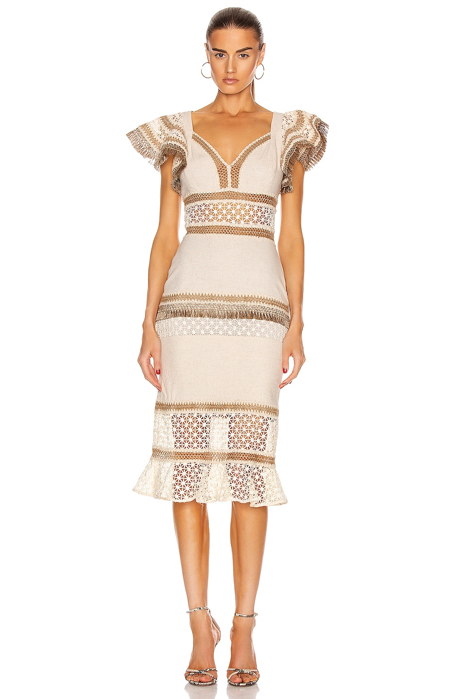 Image 1 of PatBO Lace Fringe Fitted Midi Dress in Natural