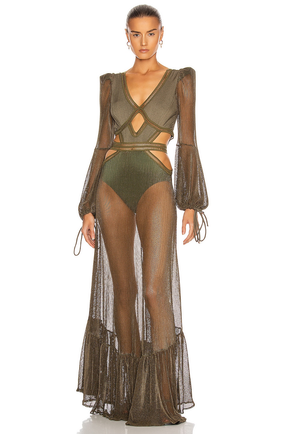 Image 1 of PatBO Long Sleeve Netted Beach Dress in Sage