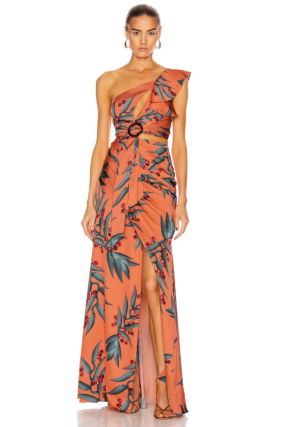 Image 1 of PatBO Heliconia One Shoulder Maxi Dress in Heliconia Coral