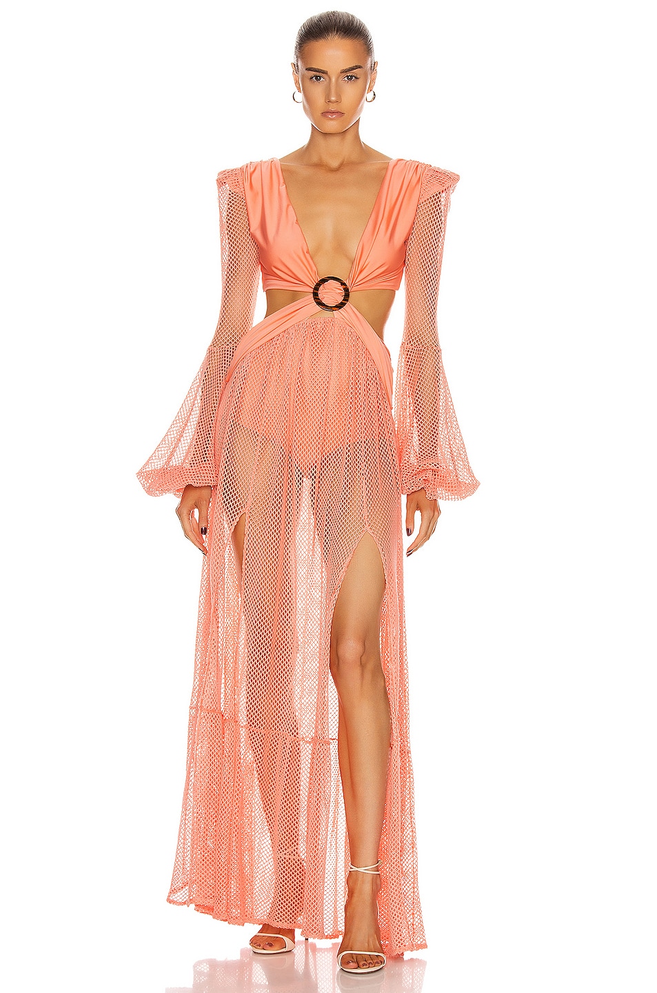 Image 1 of PatBO Long Sleeve Mesh Beach Dress in Neon Coral