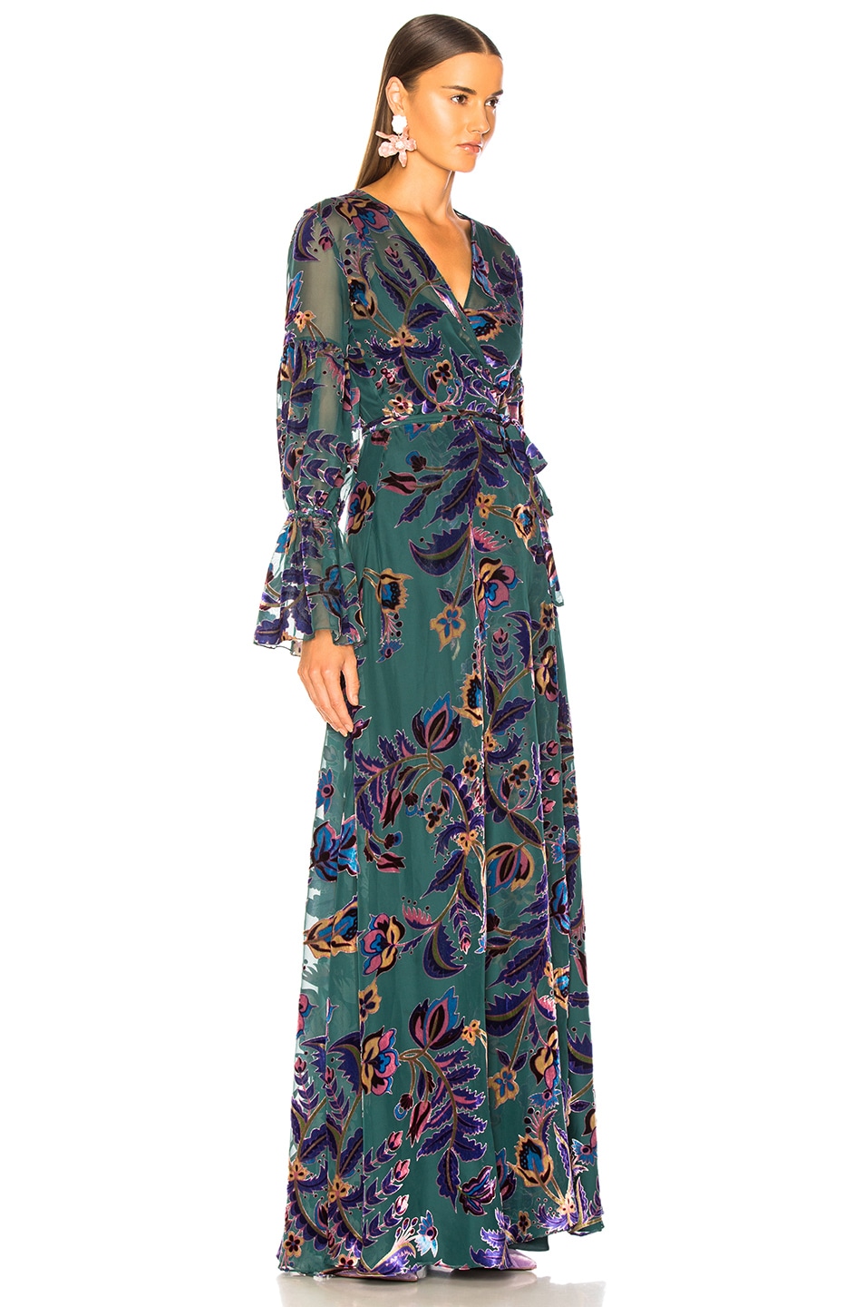 PatBO Burnout Velvet Maxi Wrap Dress in Teal Multi | FWRD