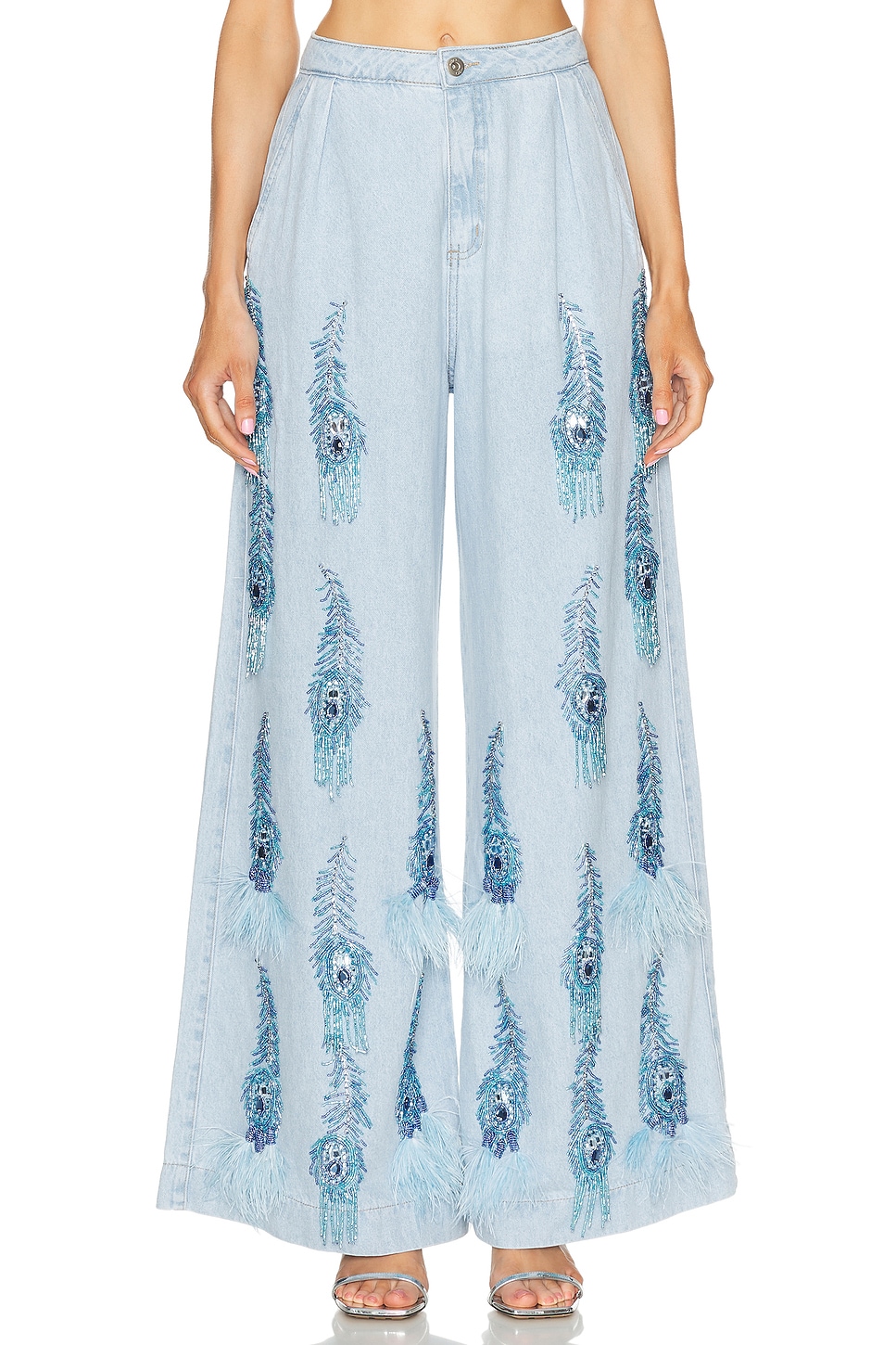 Image 1 of PatBO Hand-Beaded Denim and Feather Jeans in Denim