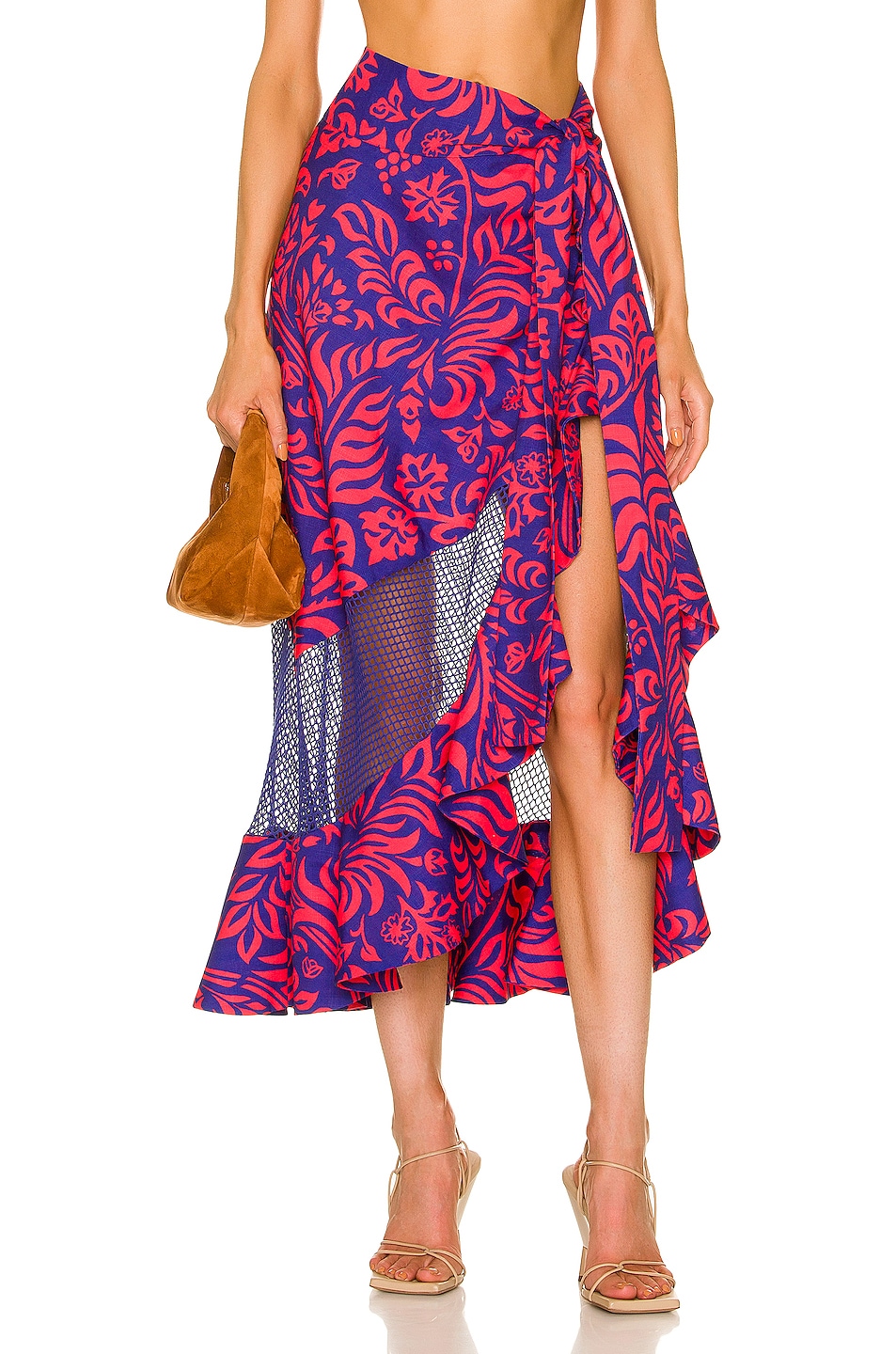 Image 1 of PatBO Pua Lace Trim Wrap Skirt in Lobster & Cobalt