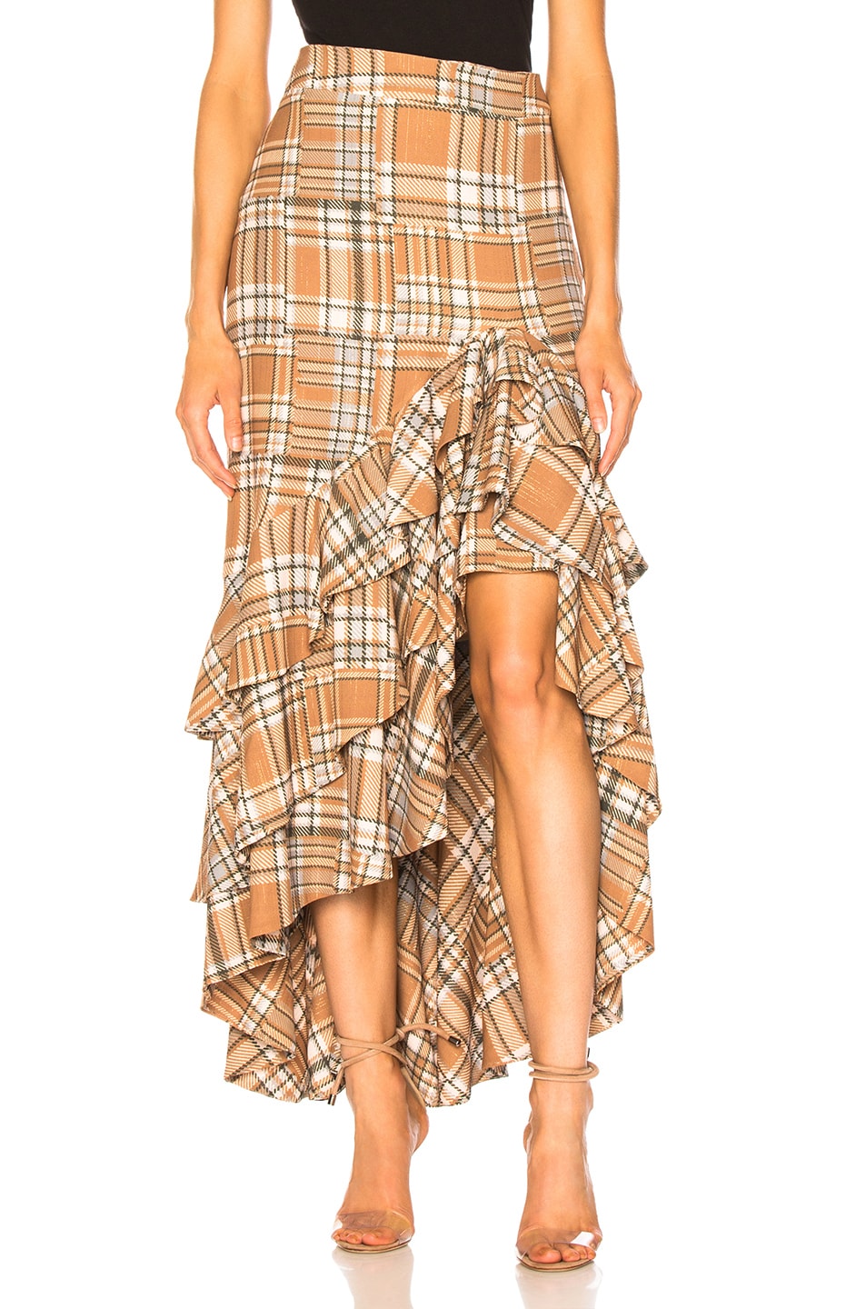 Image 1 of PatBO Plaid Ruffle Midi Skirt in Tan Multi