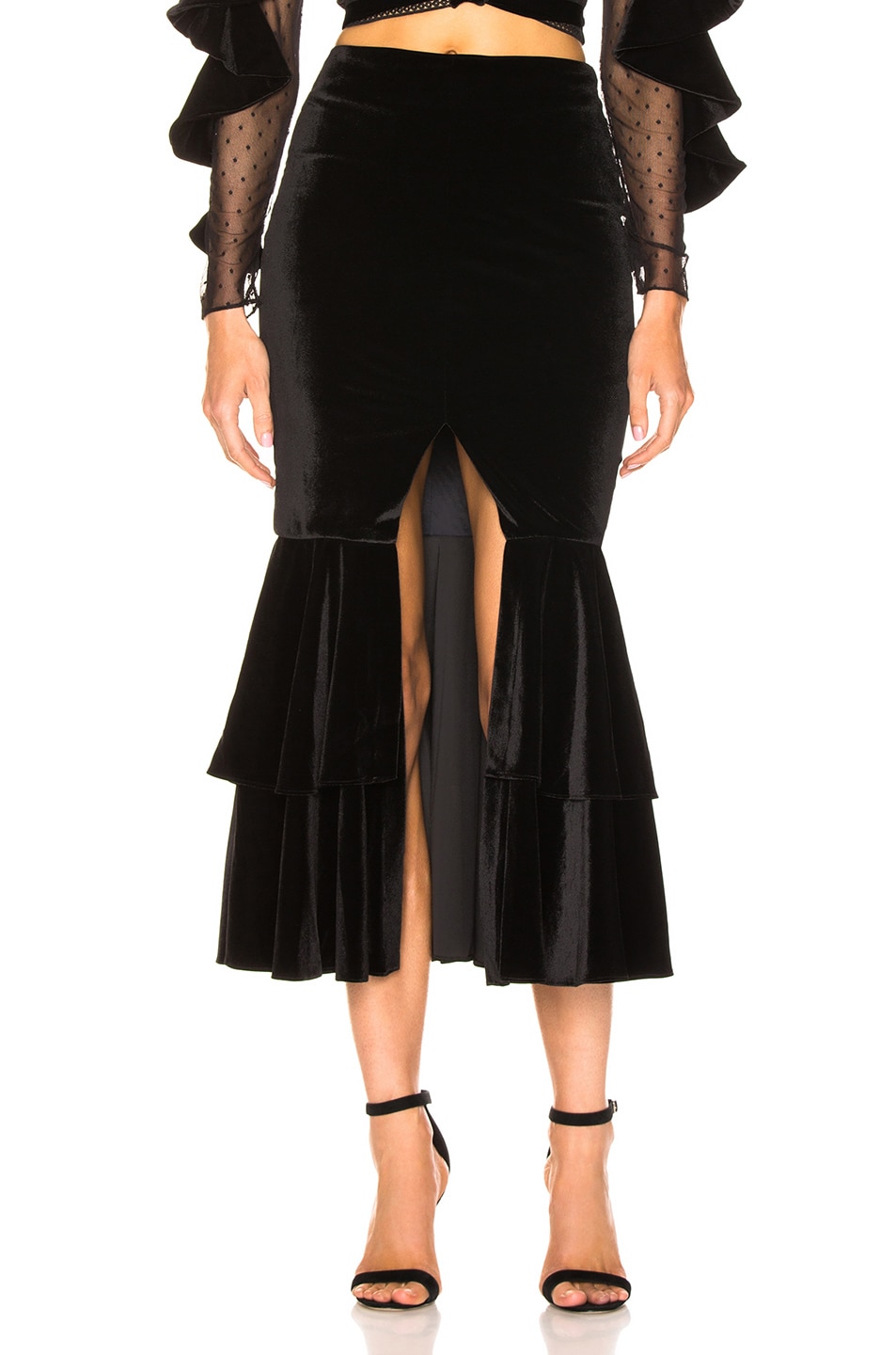 Image 1 of PatBO Velvet Bo Ruffle Midi Skirt in Black