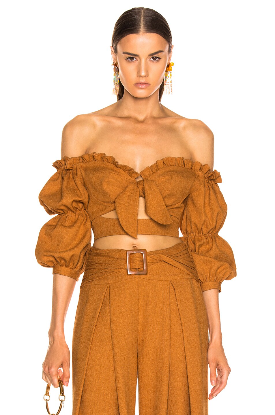 Image 1 of PatBO Belted Off The Shoulder Cropped Top in Mustard