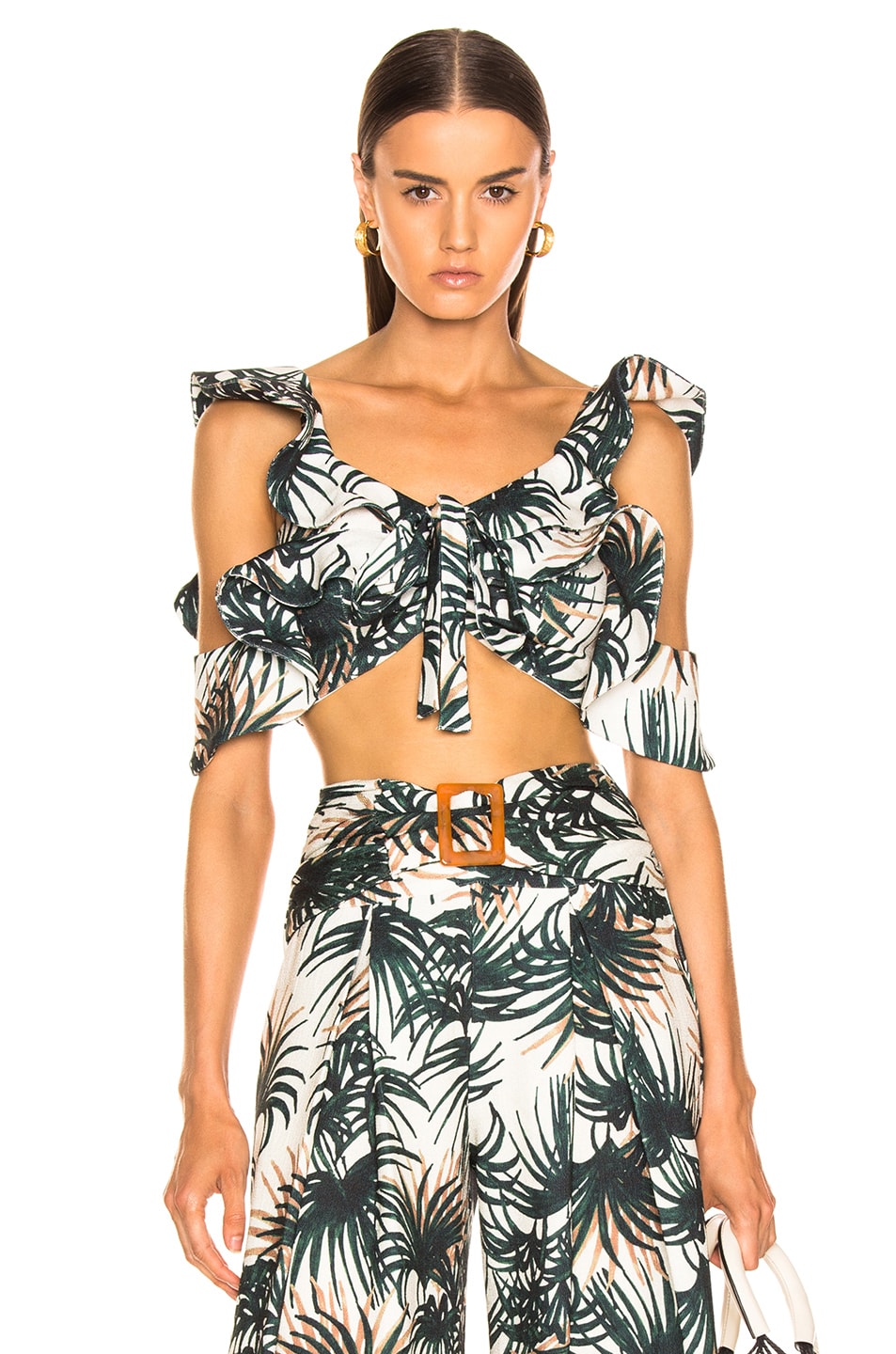 Image 1 of PatBO for FWRD Palm Print Ruffle Crop Top in Ivory & Green
