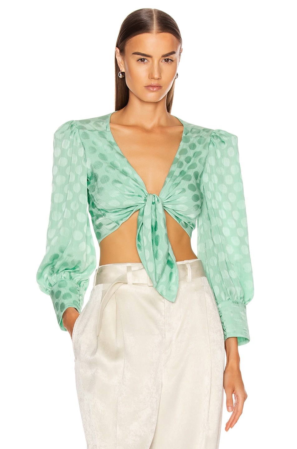 Image 1 of PatBO Satin Dot Tie Front Cropped Top in Aqua