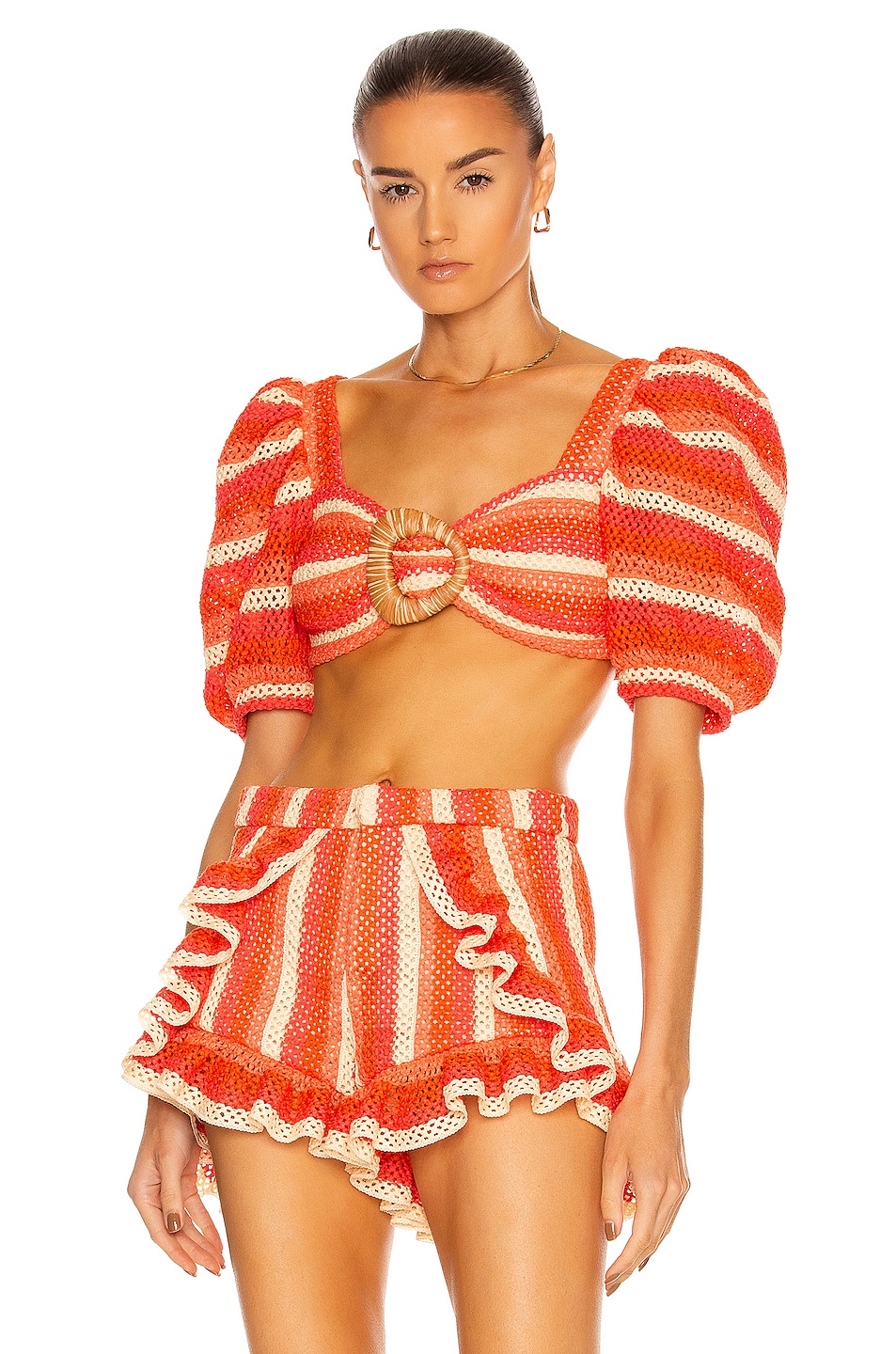 Image 1 of PatBO Striped Crochet Cropped Top in Orange