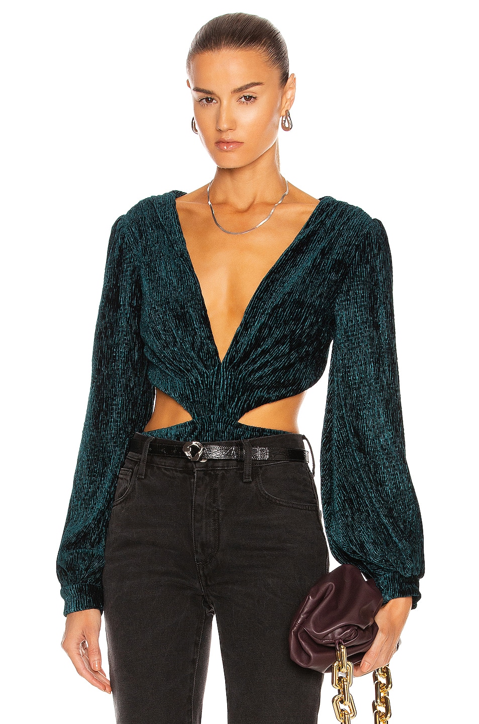 PatBO Textured Velvet Cut-Out Bodysuit in Prussian Green | FWRD
