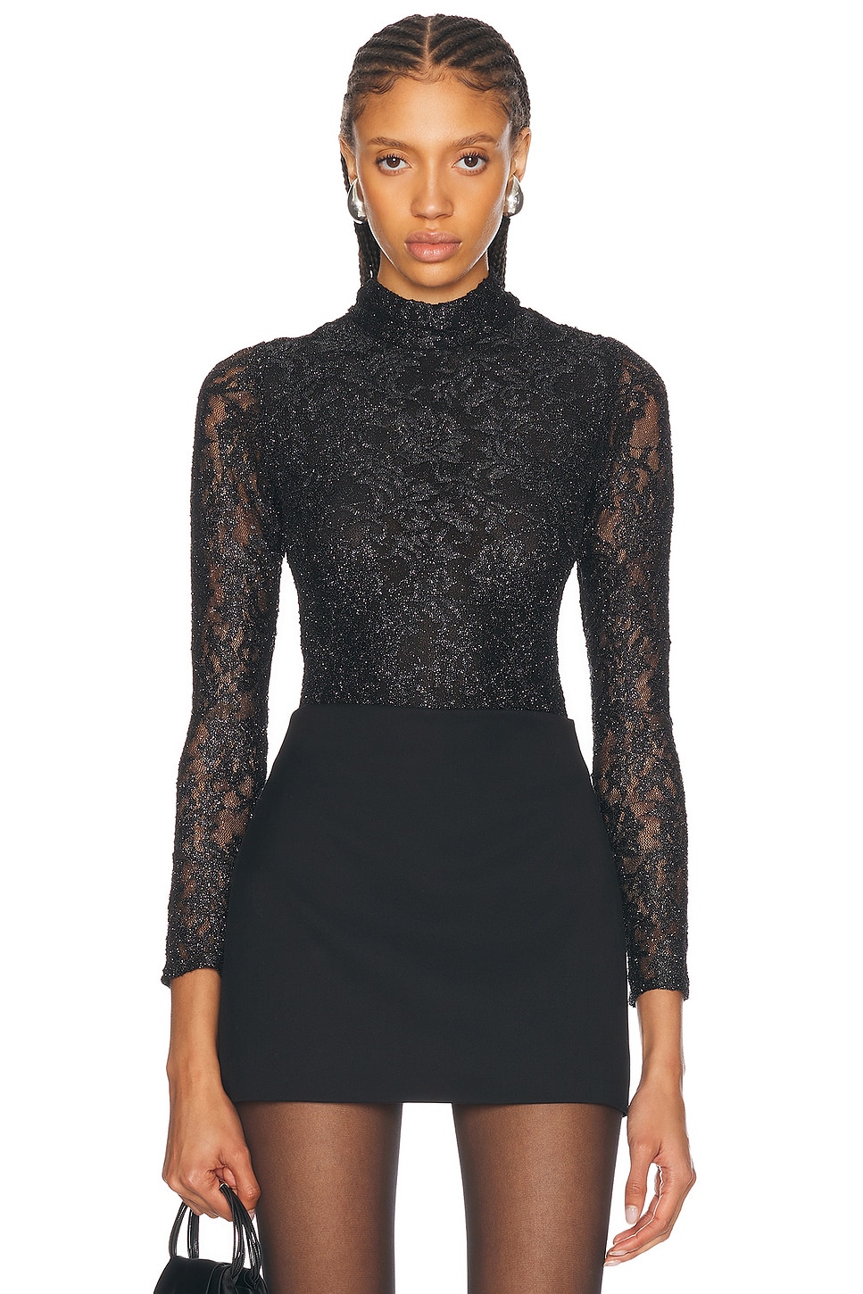 Patbo Metallic Lace High Neck Bodysuit In Black