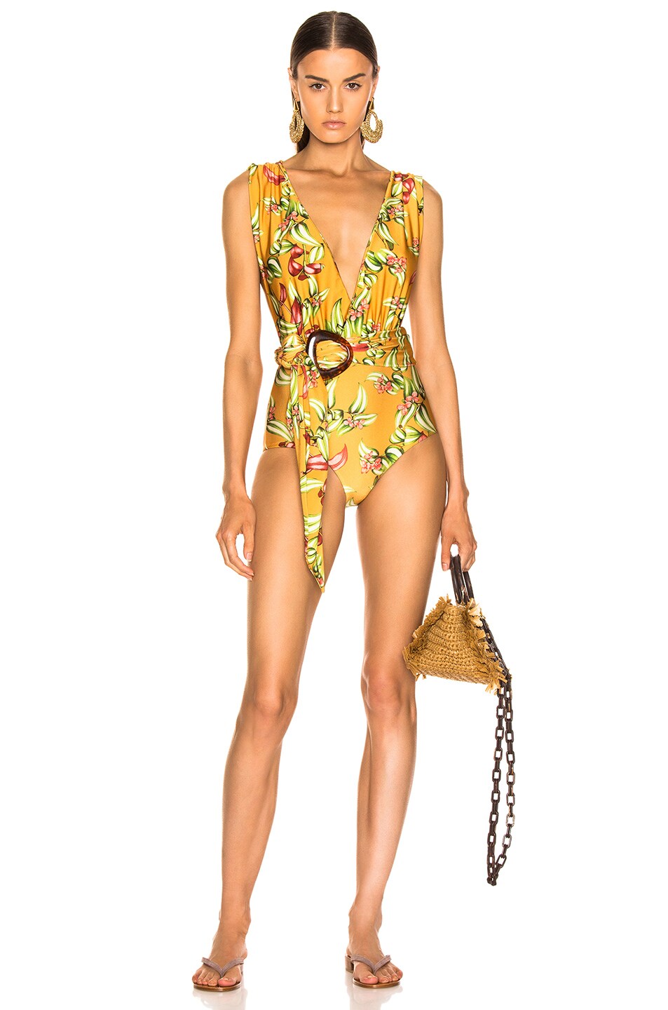 Image 1 of PatBO Zebrina Plunge Belted Swimsuit in Yellow