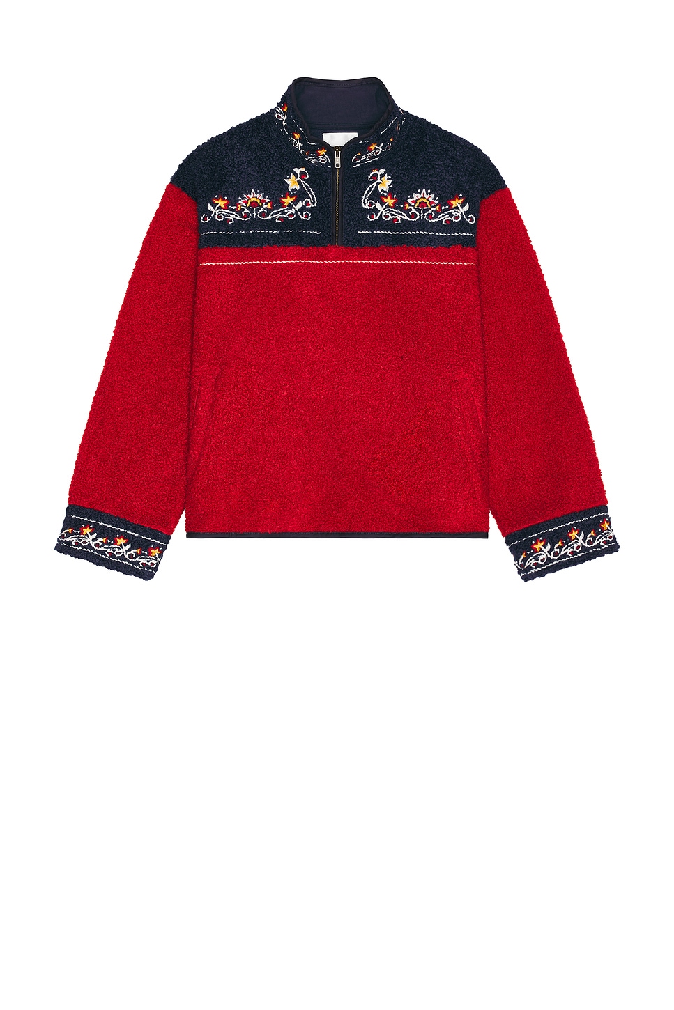 Pahari Floral Embroidered Sherpa Jacket in Red