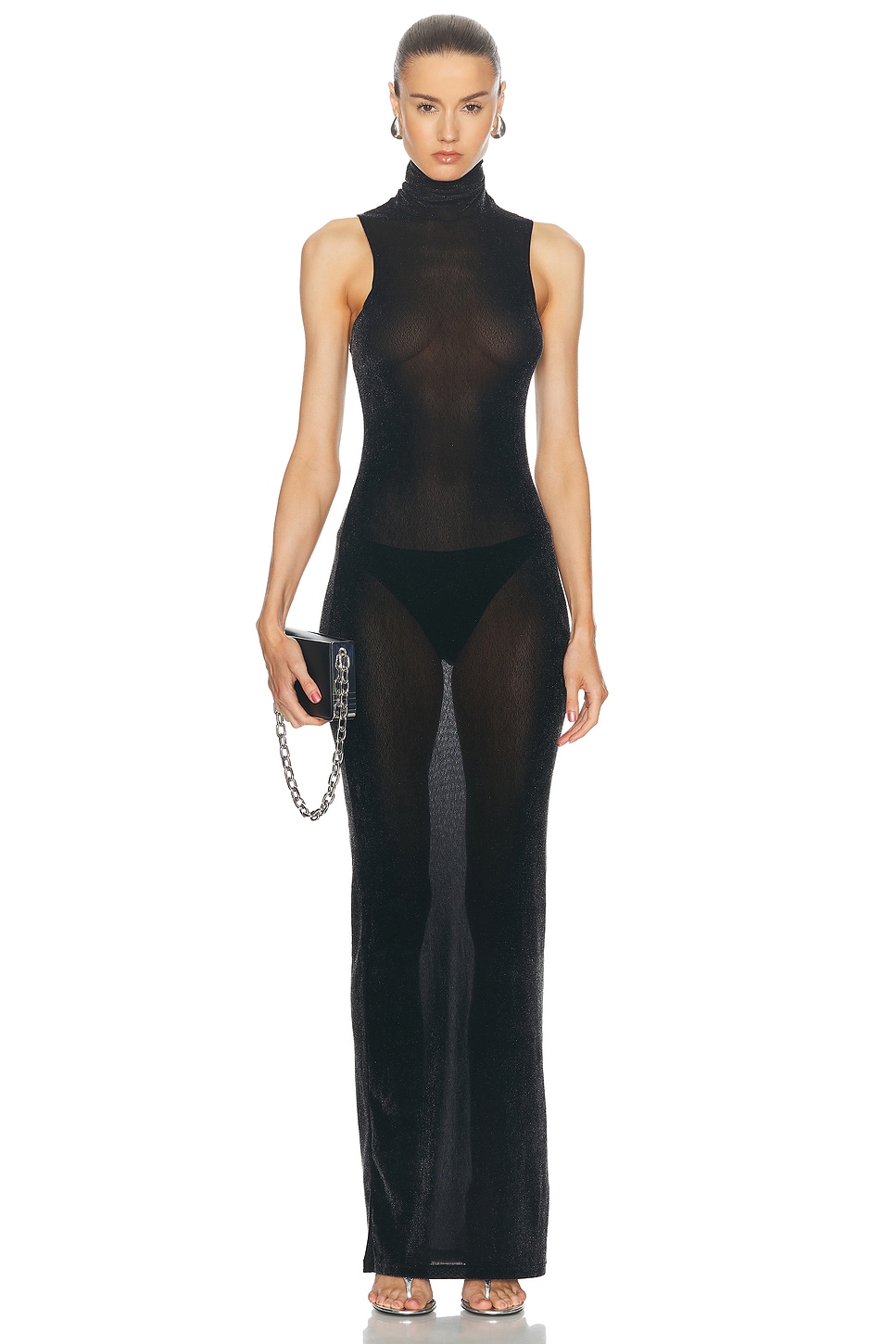 Image 1 of PRISCAVera Velvet Mesh Turtleneck Maxi Dress in Obsidian