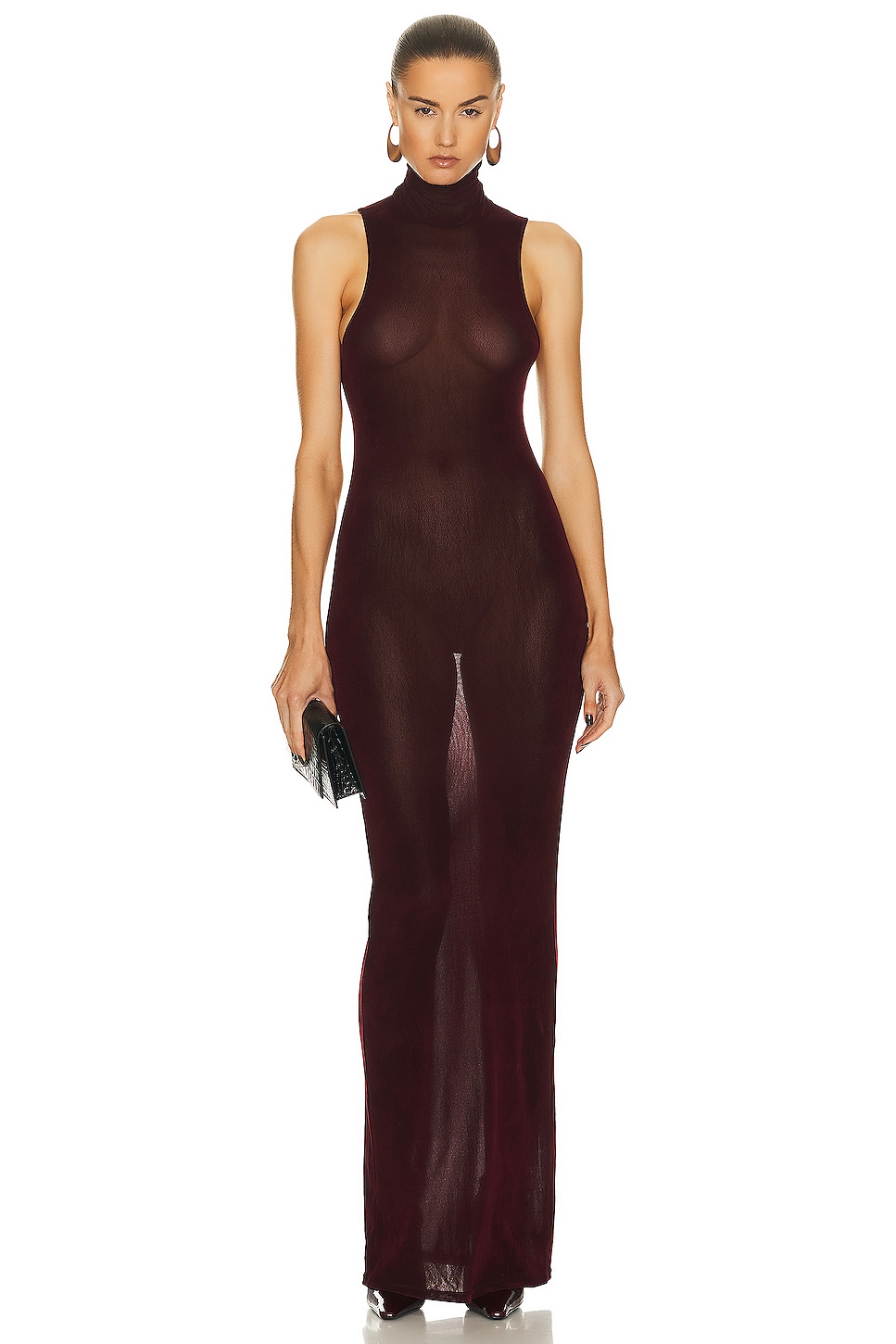 Image 1 of PRISCAVera Velvet Mesh Turtleneck Maxi Dress in Wine
