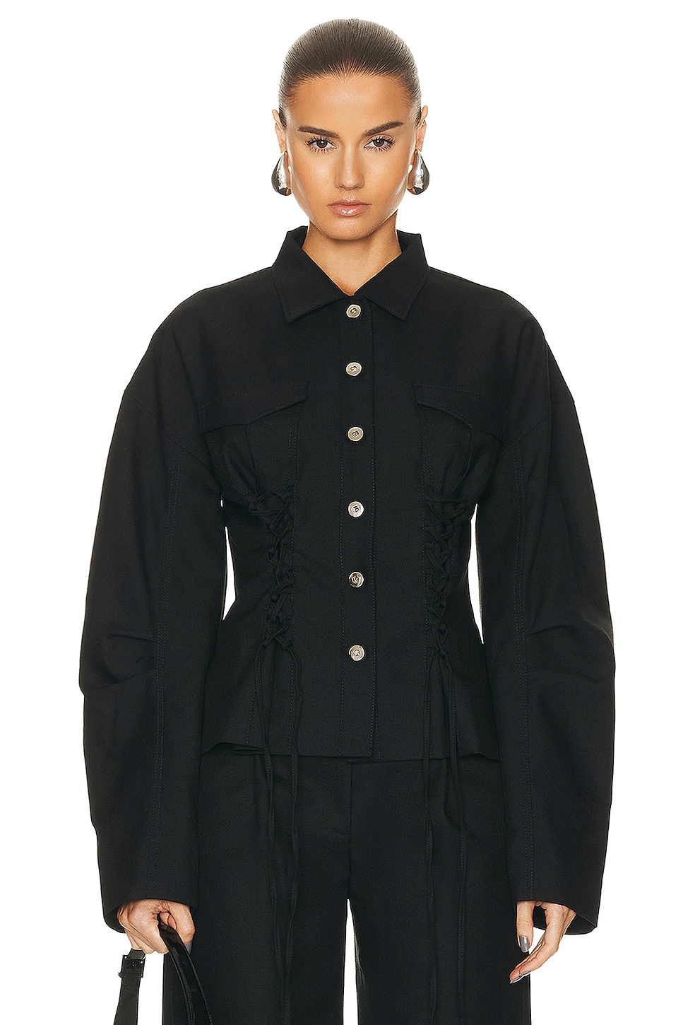 Image 1 of PRISCAVera Wool Laced Cocoon Jacket in Black