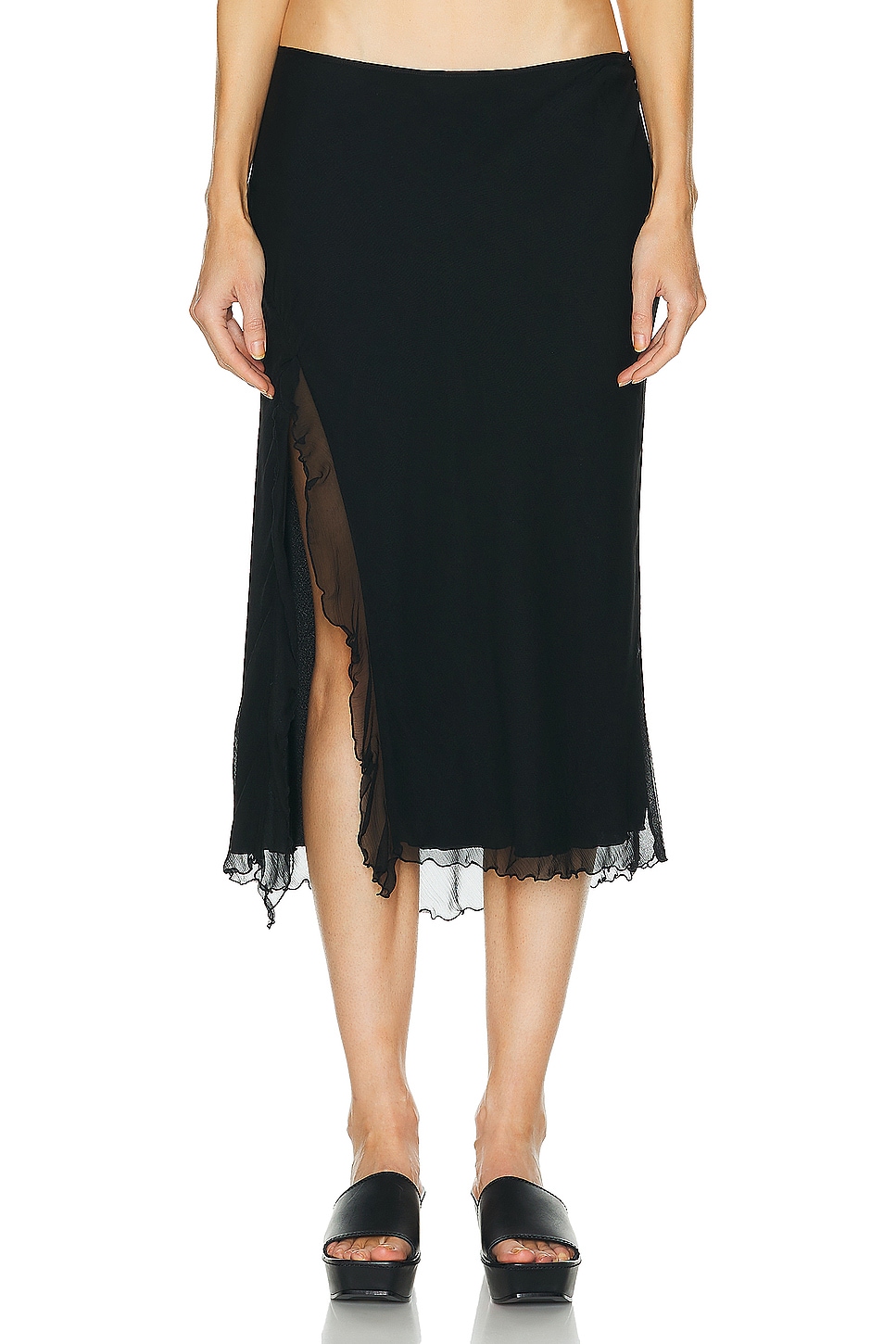 Ruffled High Slit Skirt in Black