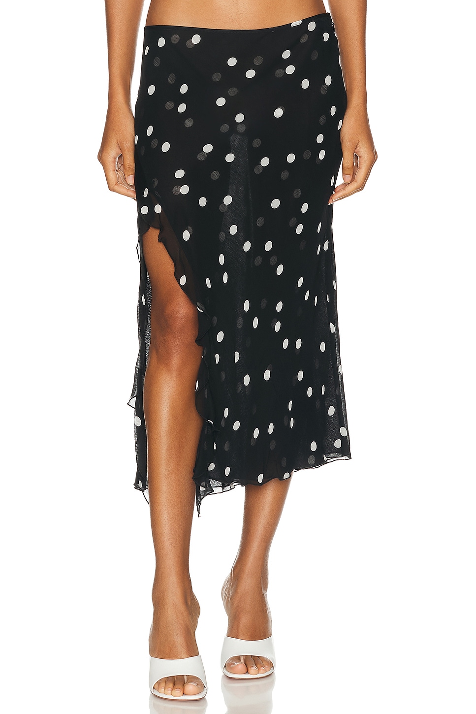 Image 1 of PRISCAVera Ruffled High Slit Skirt in Polka Dots