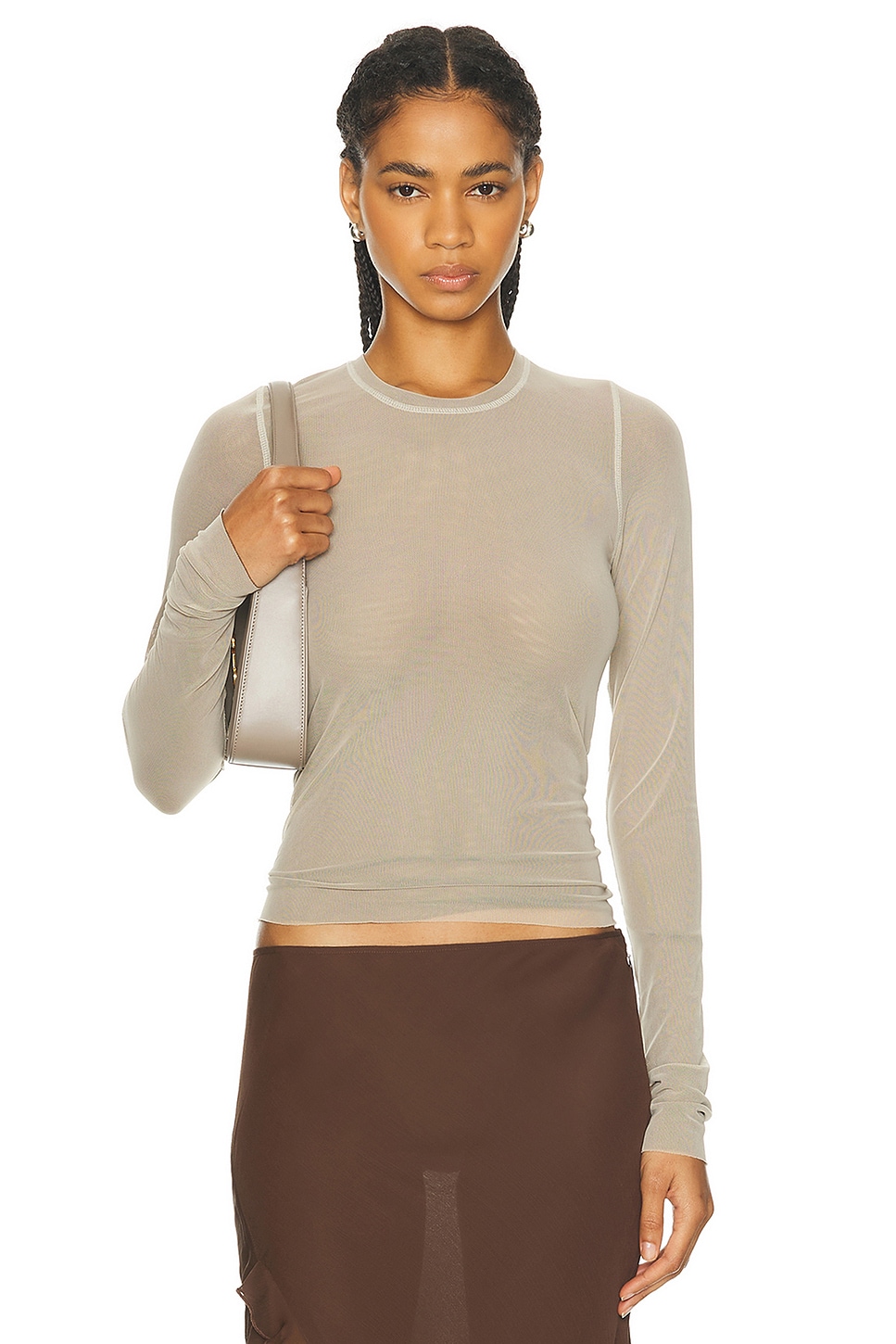 Priscavera Long Sleeve Mesh Top In Beige & Brown