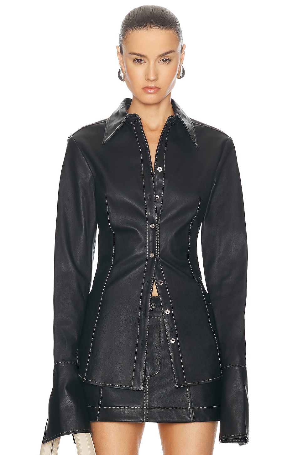 Image 1 of PRISCAVera Stretch Leather Button Down Shirt in Black