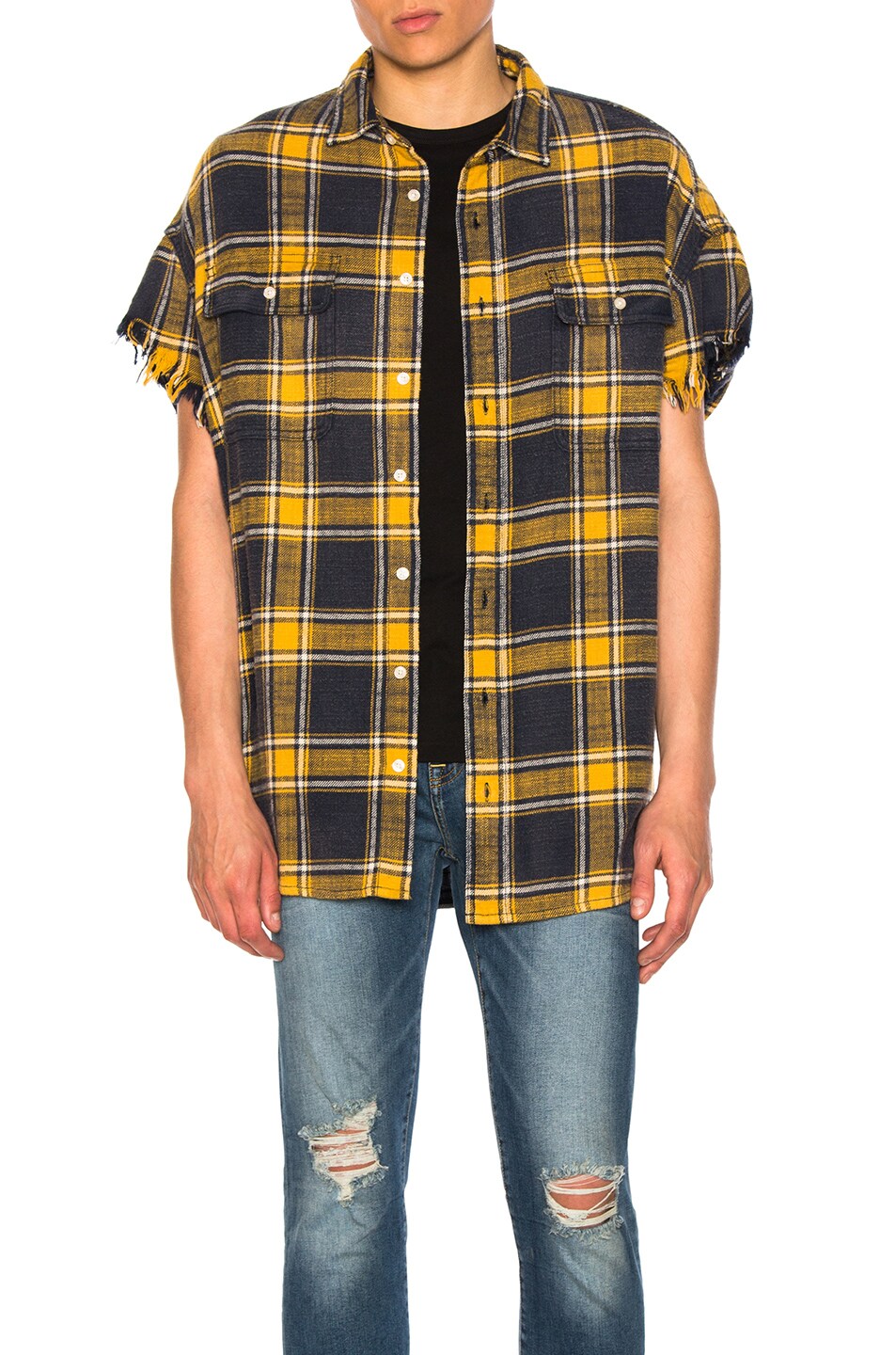 R13 Plaid Frayed Flannel Shirt - Yellow Size M | ModeSens