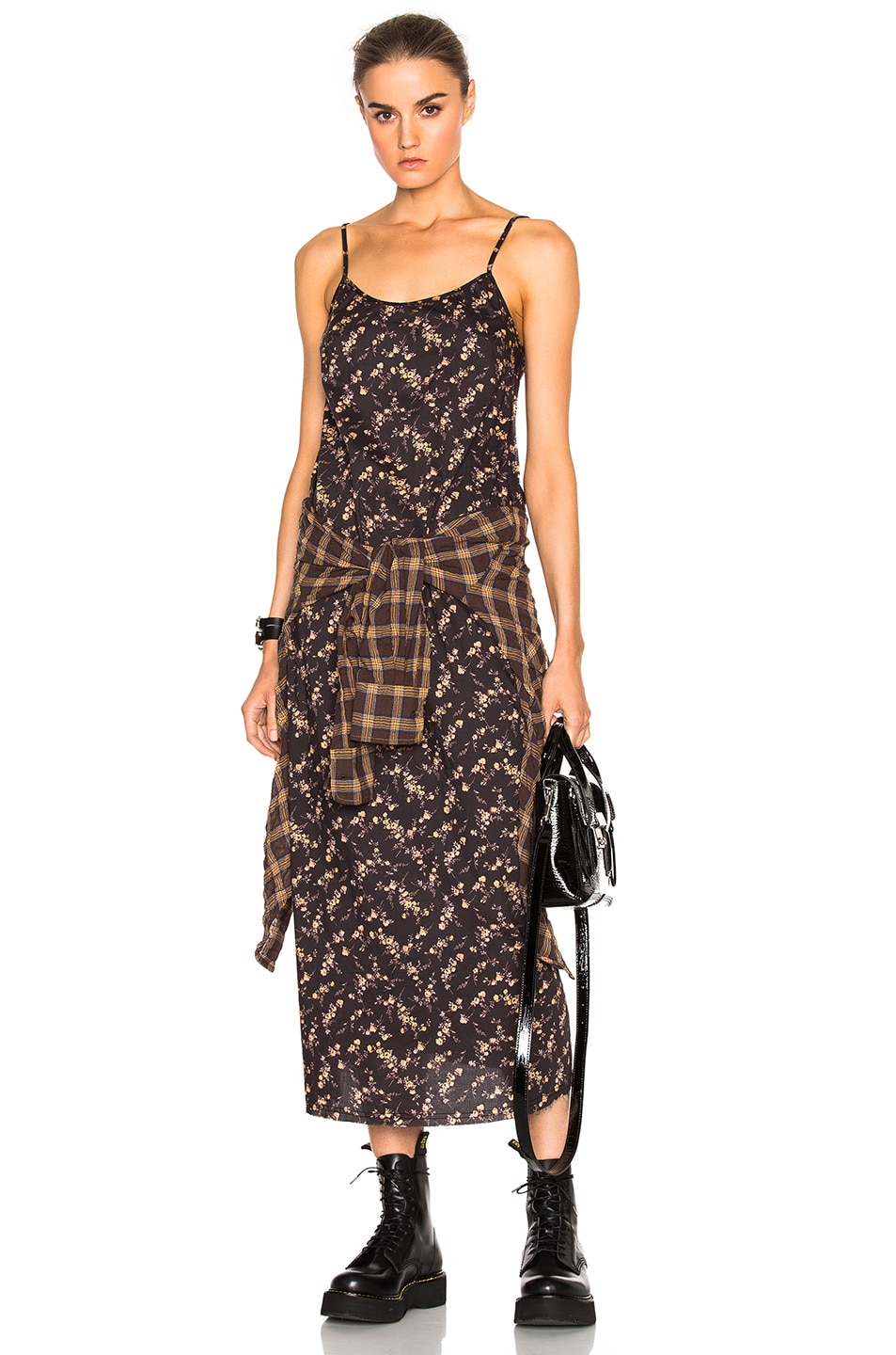 Image 1 of R13 Slip Grunge Dress in Black Floral & Brown Plaid
