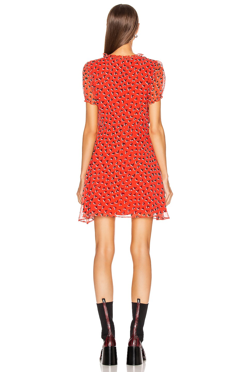 R13 Front Button Up Babydoll Dress in Red & Black Heart FWRD