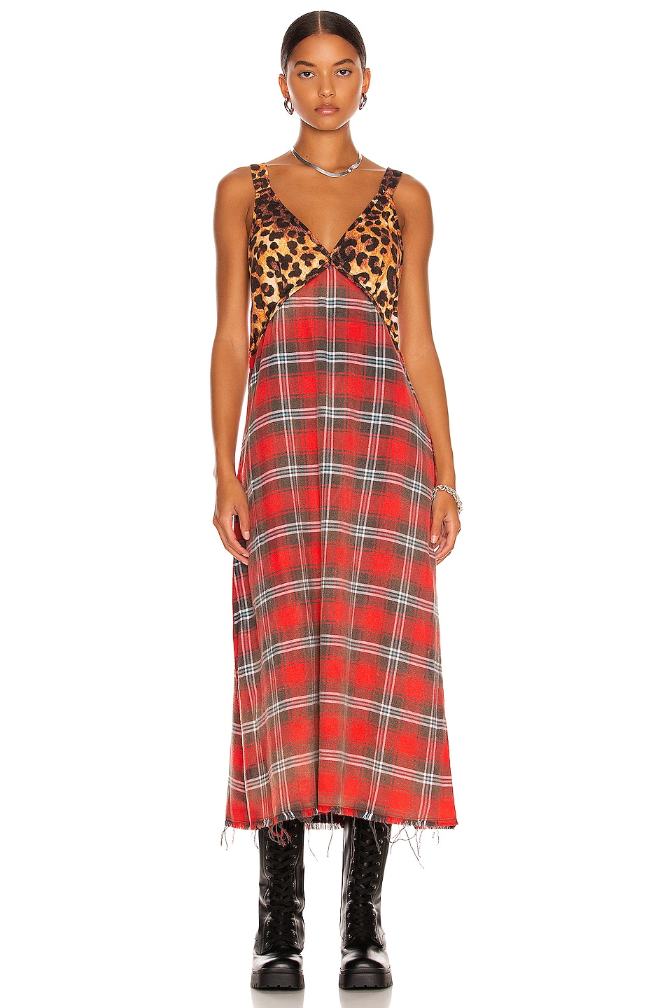 Image 1 of R13 Grunge Slip Dress in Red Plaid & Leopard