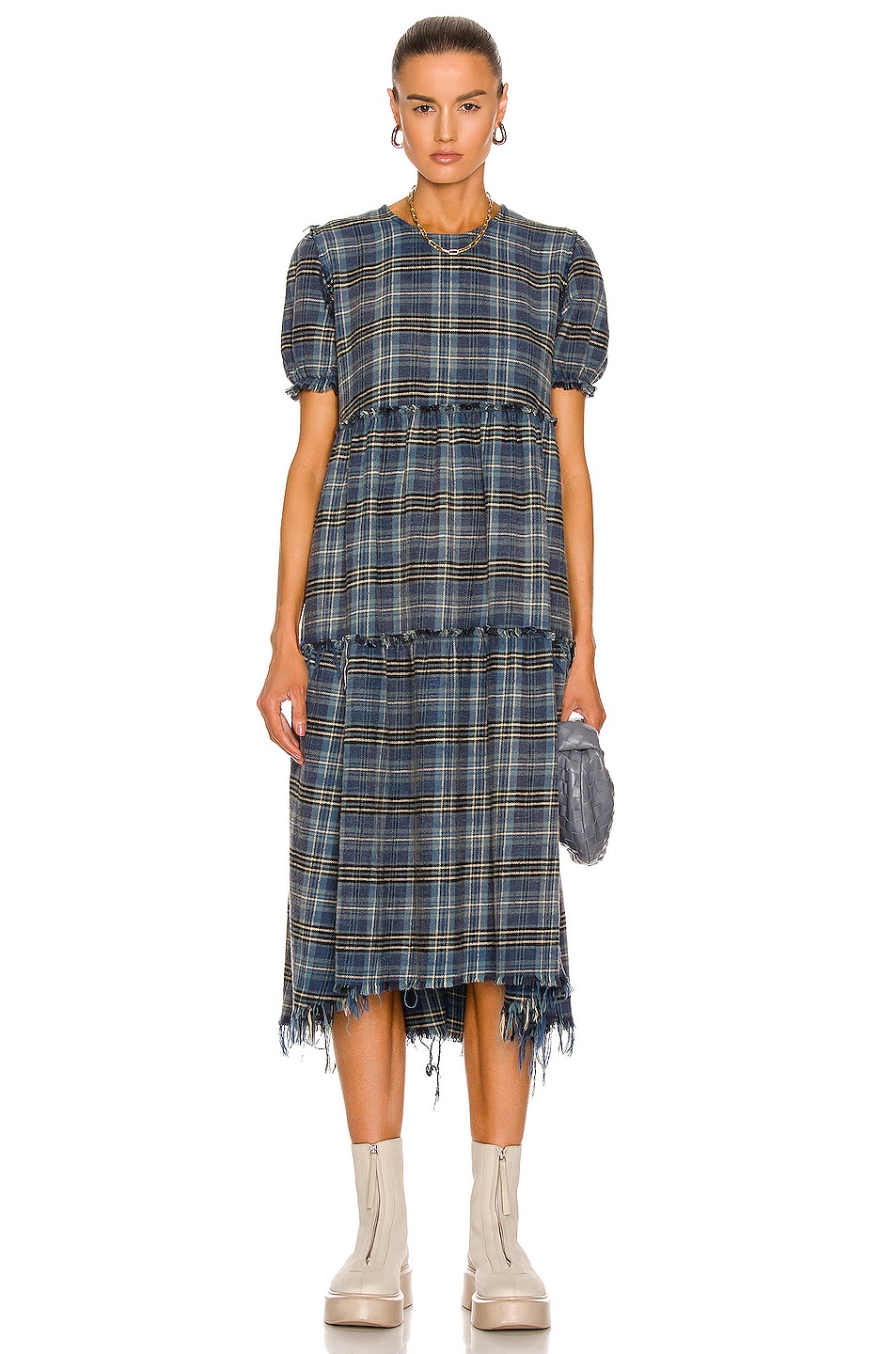 Image 1 of R13 Shredded Relaxed Midi Dress in Blue Plaid