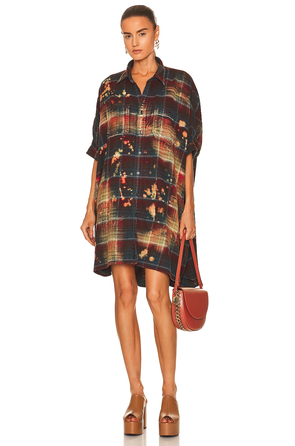 Image 1 of R13 Bleached Plaid Oversize Boxy Shirt Dress in Blue Plaid & Bleach