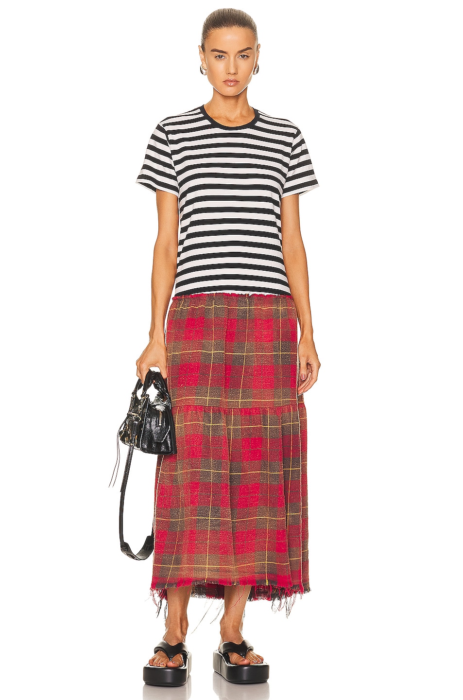 Image 1 of R13 Stripe Combo Dress in Black & White Stripe With Red Plaid
