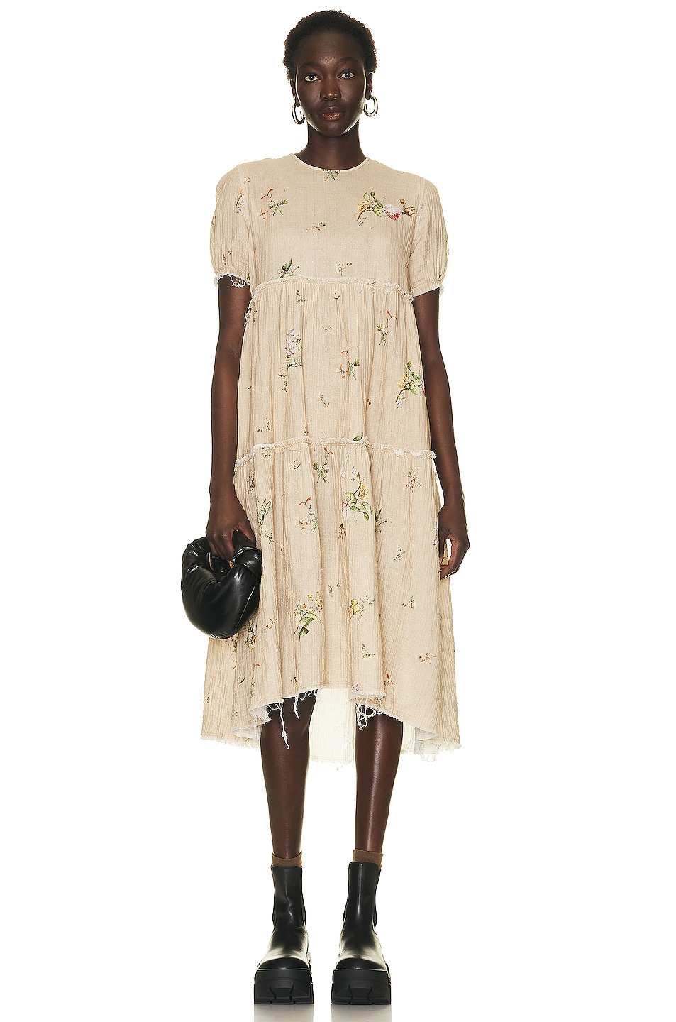 Image 1 of R13 Shredded Relaxed Midi Dress in Floral On Khaki