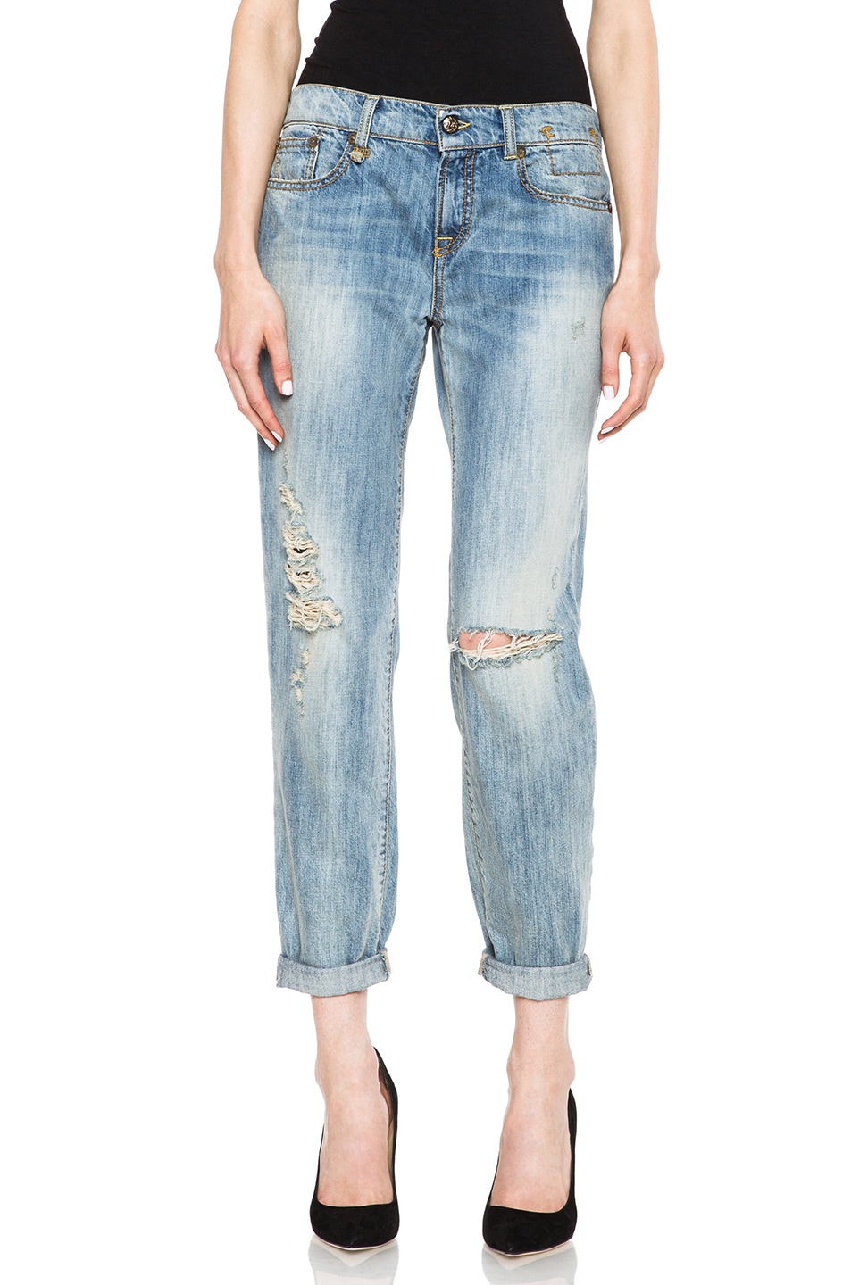 Image 1 of R13 Relaxed Skinny Jean with Ripped Knee in Light Blue