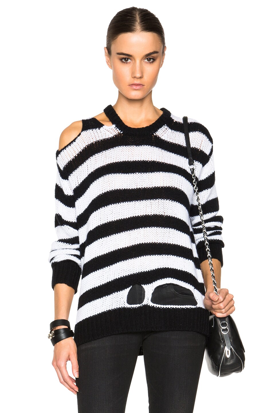 Image 1 of R13 Ripped Rib Sweater in Black & White Stripe