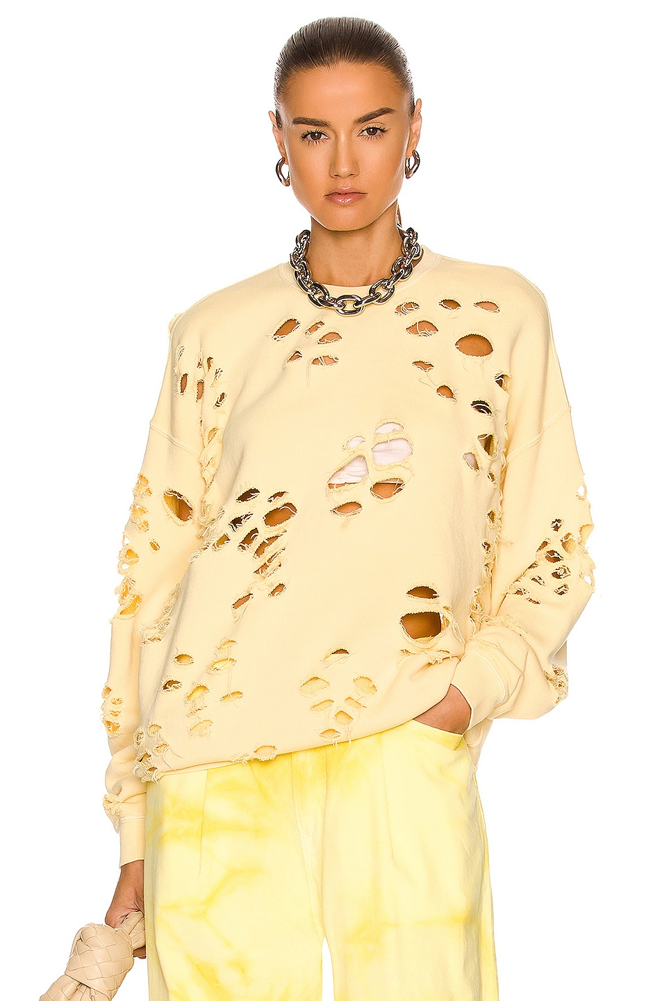 Image 1 of R13 Super Distressed Oversized Crewneck Sweater in Washed Yellow