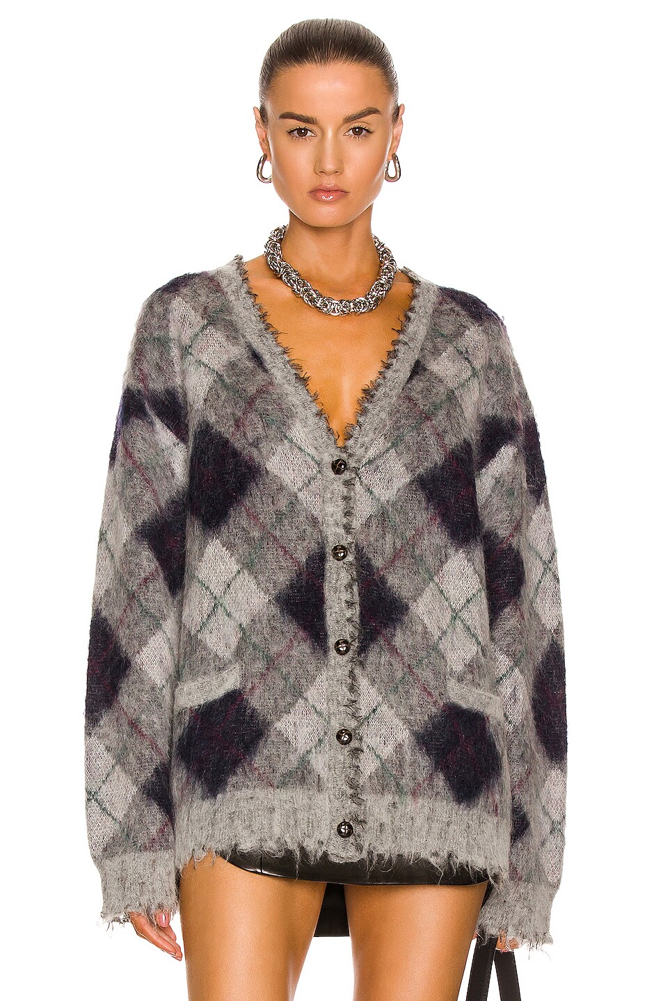 Image 1 of R13 Fluffy Oversized Distressed Edge Cardigan in Grey & Green Argyle