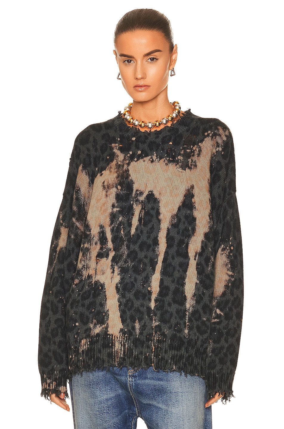 Image 1 of R13 Bleached Oversized Sweater in Charcoal Leopard