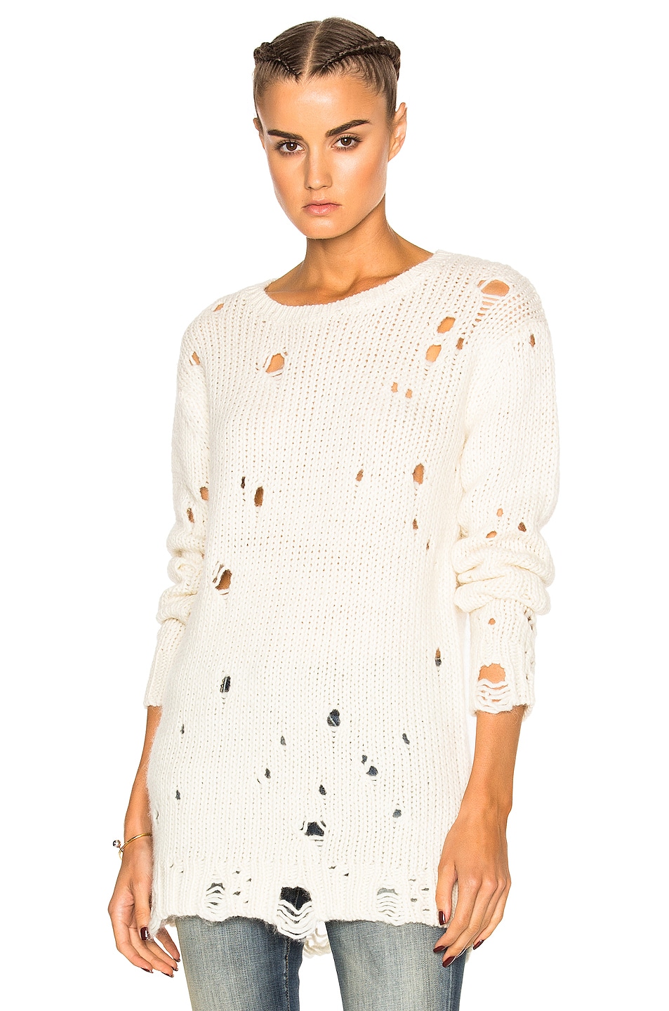 Image 1 of R13 Shredded Crewneck Sweater in Creme