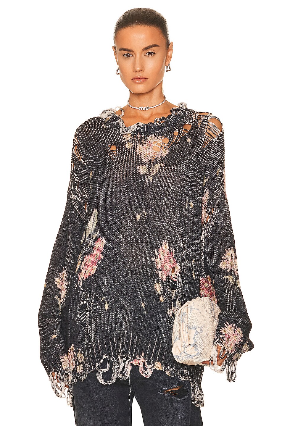 Image 1 of R13 Distressed Oversized Sweater in Floral On Black