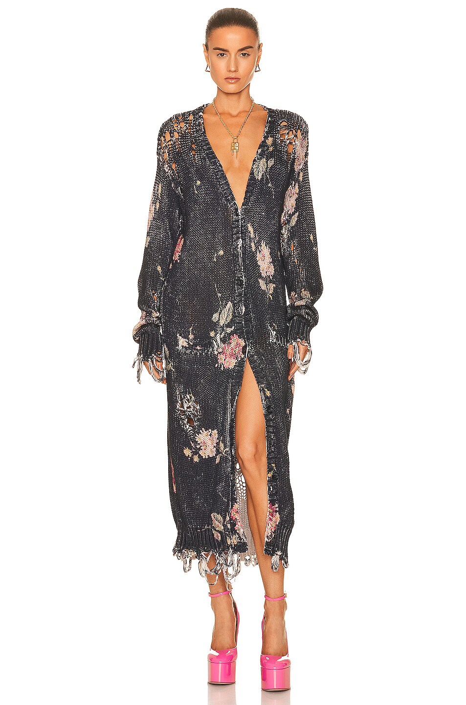 Image 1 of R13 Distressed Long Cardigan in Floral On Black