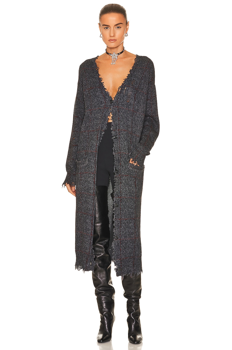 Image 1 of R13 Printed Tweed Long Cardigan in Charcoal Tweed