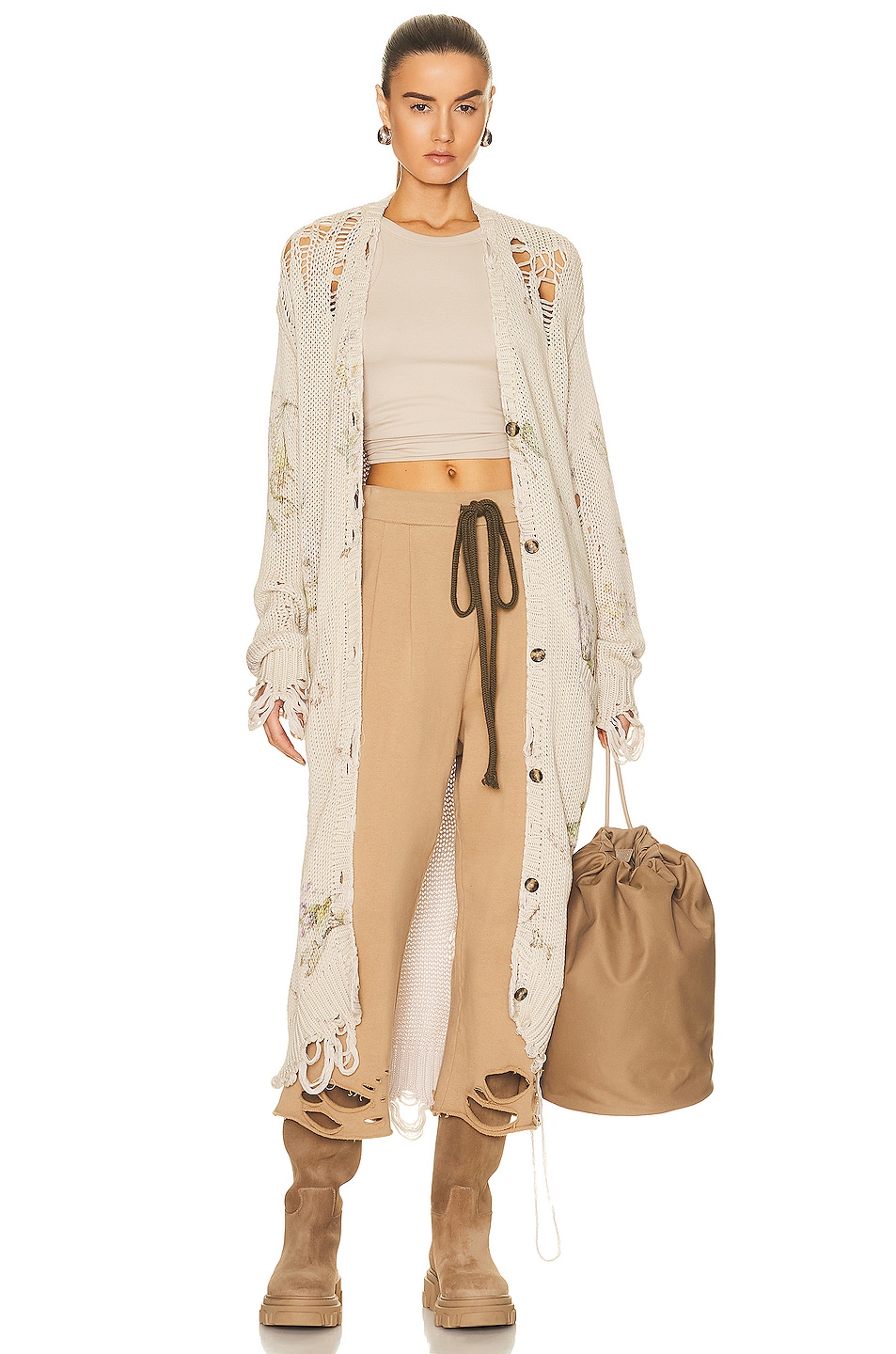 Image 1 of R13 Distressed Long Cardigan in Floral On Khaki