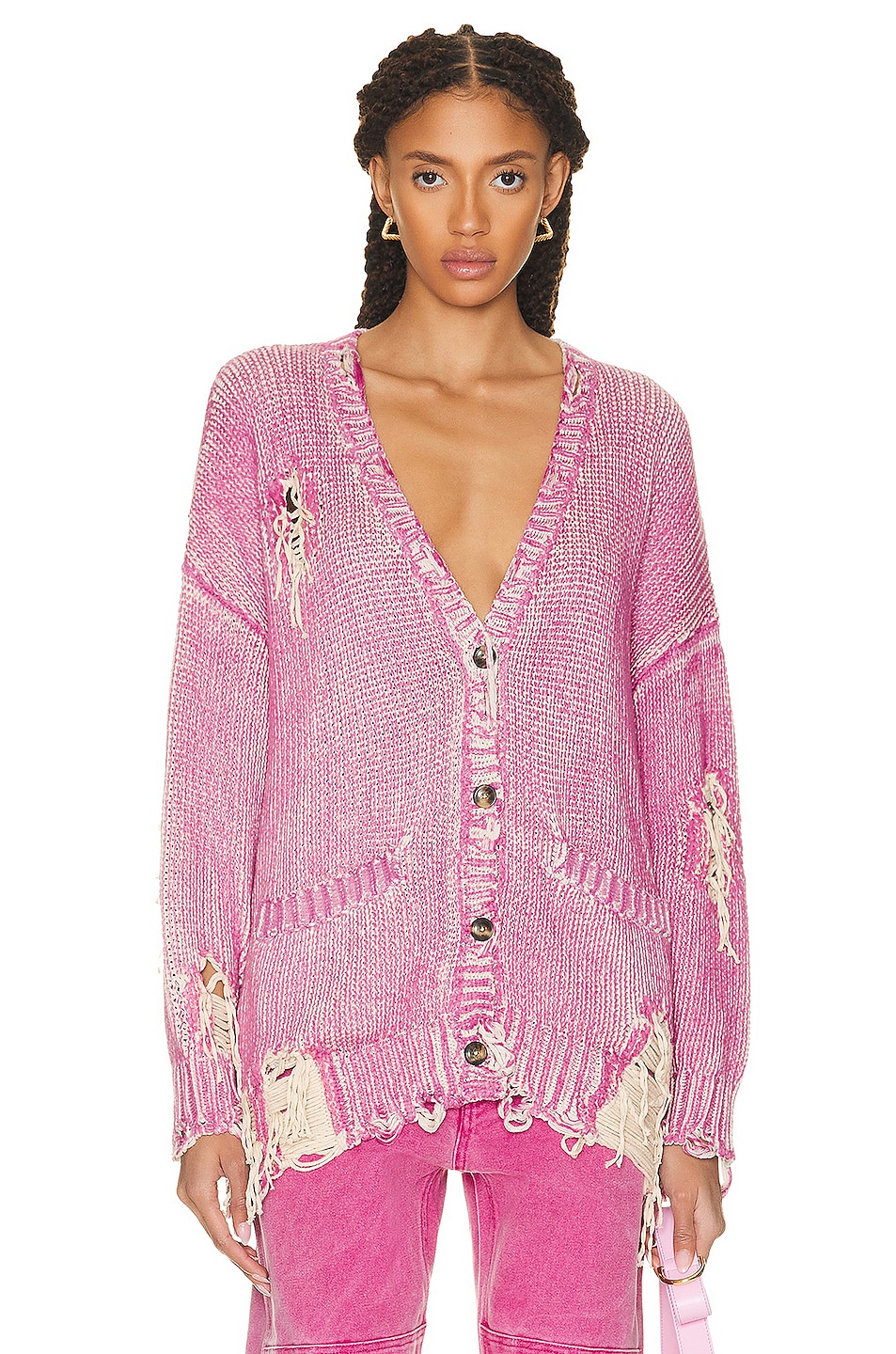 R13 Bright Pink Distressed Jumbo Cardigan in PRINTED BRIGHT PINK FWRD